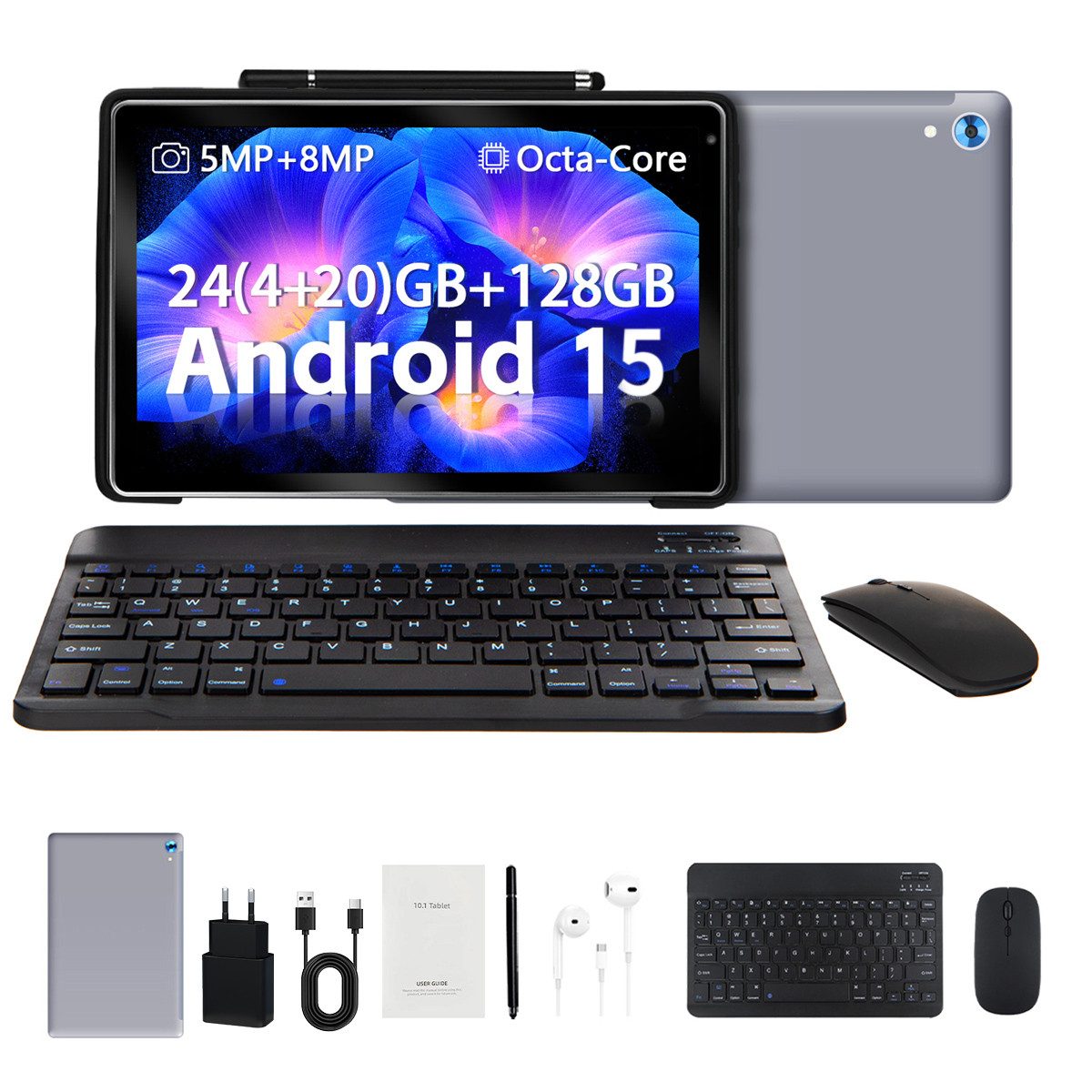 BUFO 10.1 Zoll Octa-Core, 24GB+128GB, 1280x800 HD IPS, incl. Hülle Set Tablet (10", 128 GB, Android, Android 15 mit Tastatur, Stift, Maus, Hülle, Kopfhörer, WiFi 6 BT 5)
