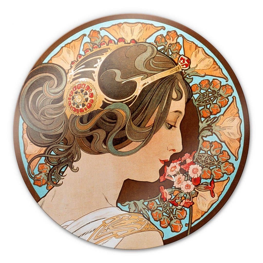 K&L Wall Art Gemälde Glas Wandbild Rund Glasbild Retro Nostalgie Mucha Schlüsselblume, Wandschutz Deko Bilder