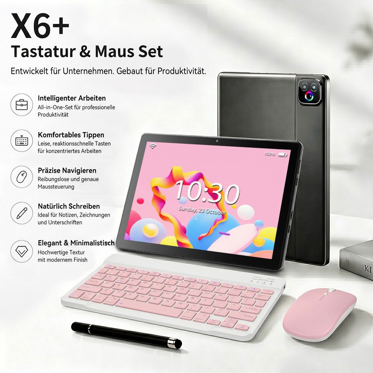 Happybe 10,1'' Octa-Core, 6000 mAh, HD 1280x800, 34GB/36GB RAM, 128GB/256GB Tablet (10.1", Android, Android 16, Gemini KI-Assistent, Widevine L1) rosa|schwarz