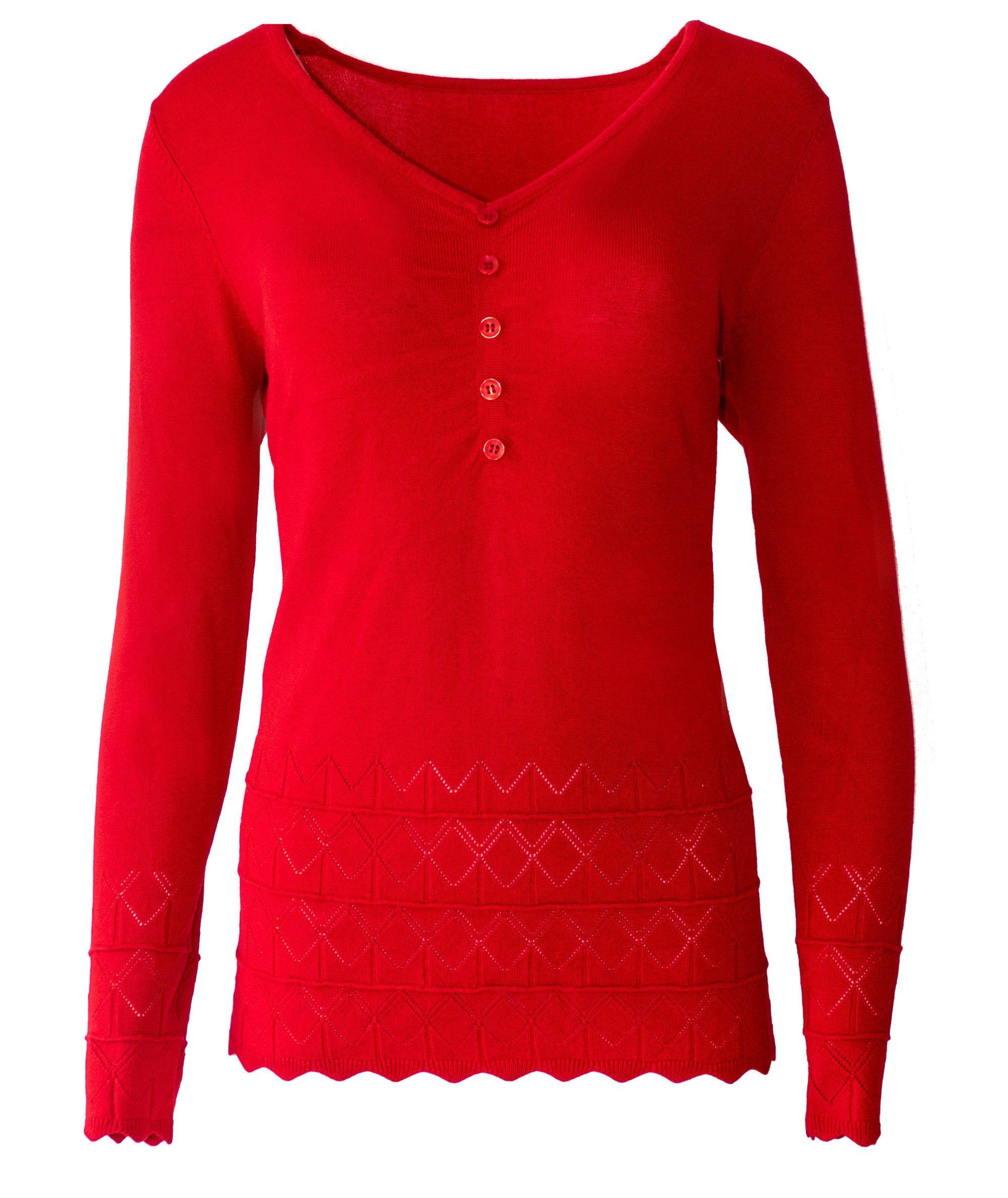 Passioni 3/4 Arm-Pullover Roter Pullover mit Rautenmuster und Streifen und einem V-Ausschnitt V-Ausschnitt, Rot, Rautenmuster, Streifen, perforiert