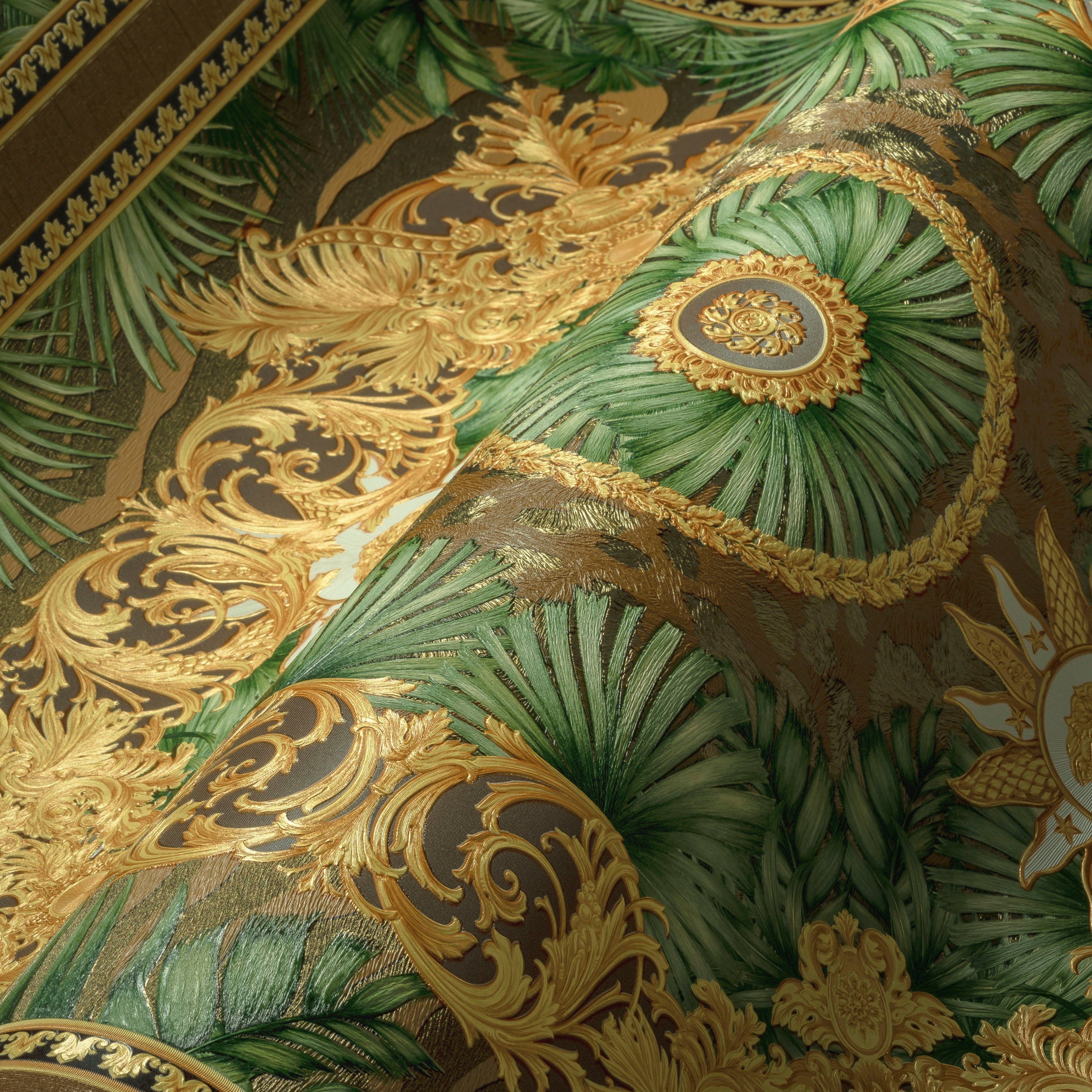 Versace Vliestapete Wallpaper 5 Design, (1 Dschungel auffallende glänzend, goldfarben/braun/grün leicht St), leicht Fliesen-Tapete strukturiert, Versace