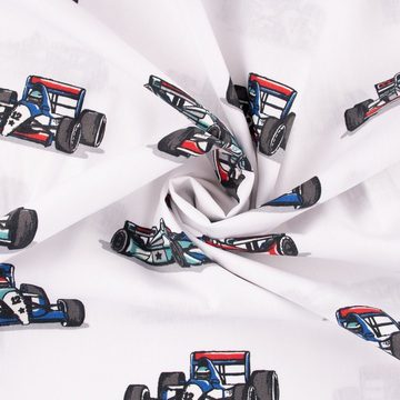 SCHÖNER LEBEN. Stoff Baumwollstoff Popeline Racing Cars Rennautos weiß 1,4m Breite, allergikergeeignet