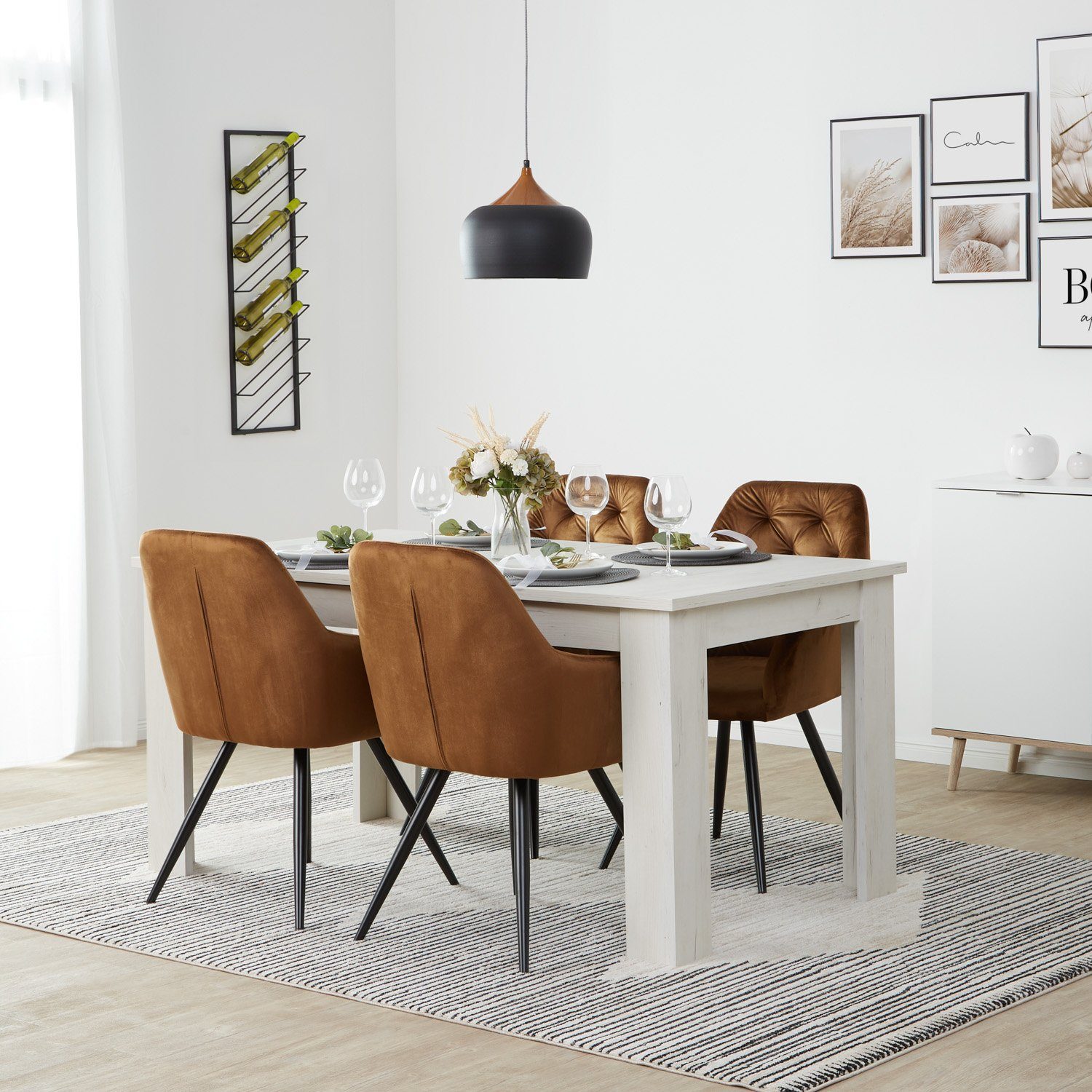 Homestyle4u Essgruppe Tisch Weiß ausziehbar 4 Stühle braun, (Komplett-Set,  5-tlg)