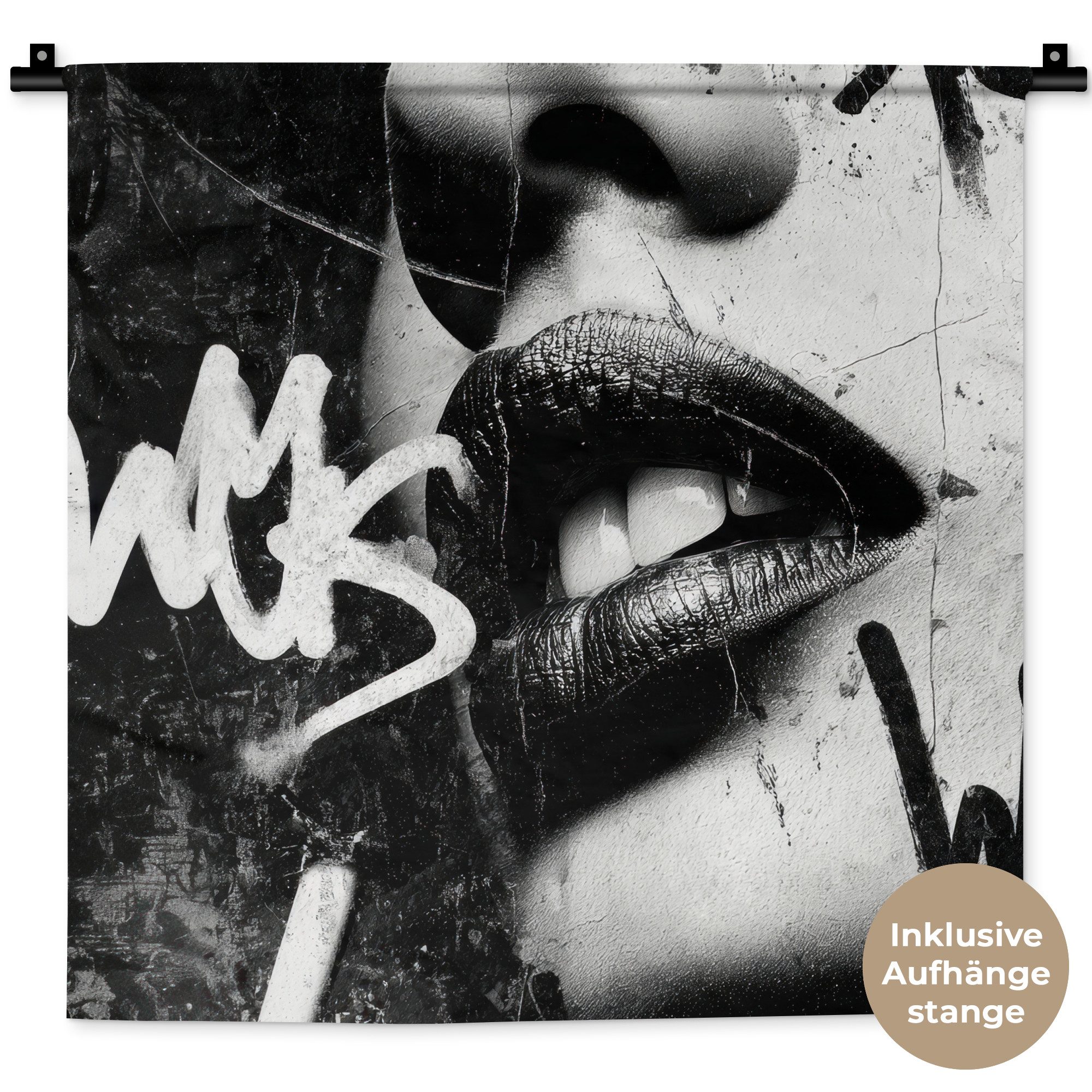 MuchoWow Wandteppich Gesicht - Mund - Graffiti - Schwarz, Quadratisch, Höhe: 3 mm, Wand Teppich, Deko für an den Wand, 60x60 cm