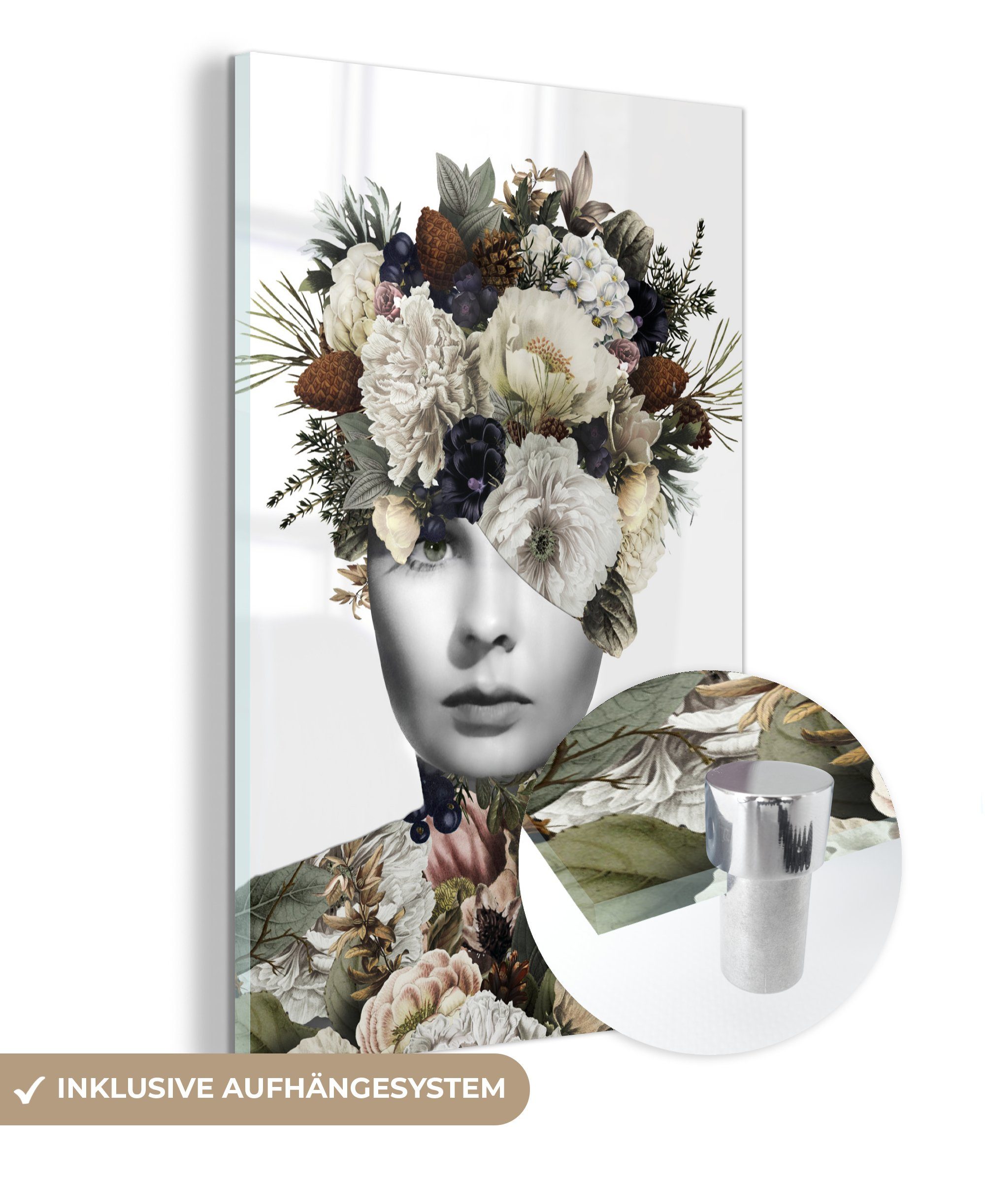 MuchoWow Acrylglasbild Frau - Scherben - Blumen, (1 St), Glasbilder - Bilder auf Glas Wandbild - Foto auf Glas - Wanddekoration | Bilder