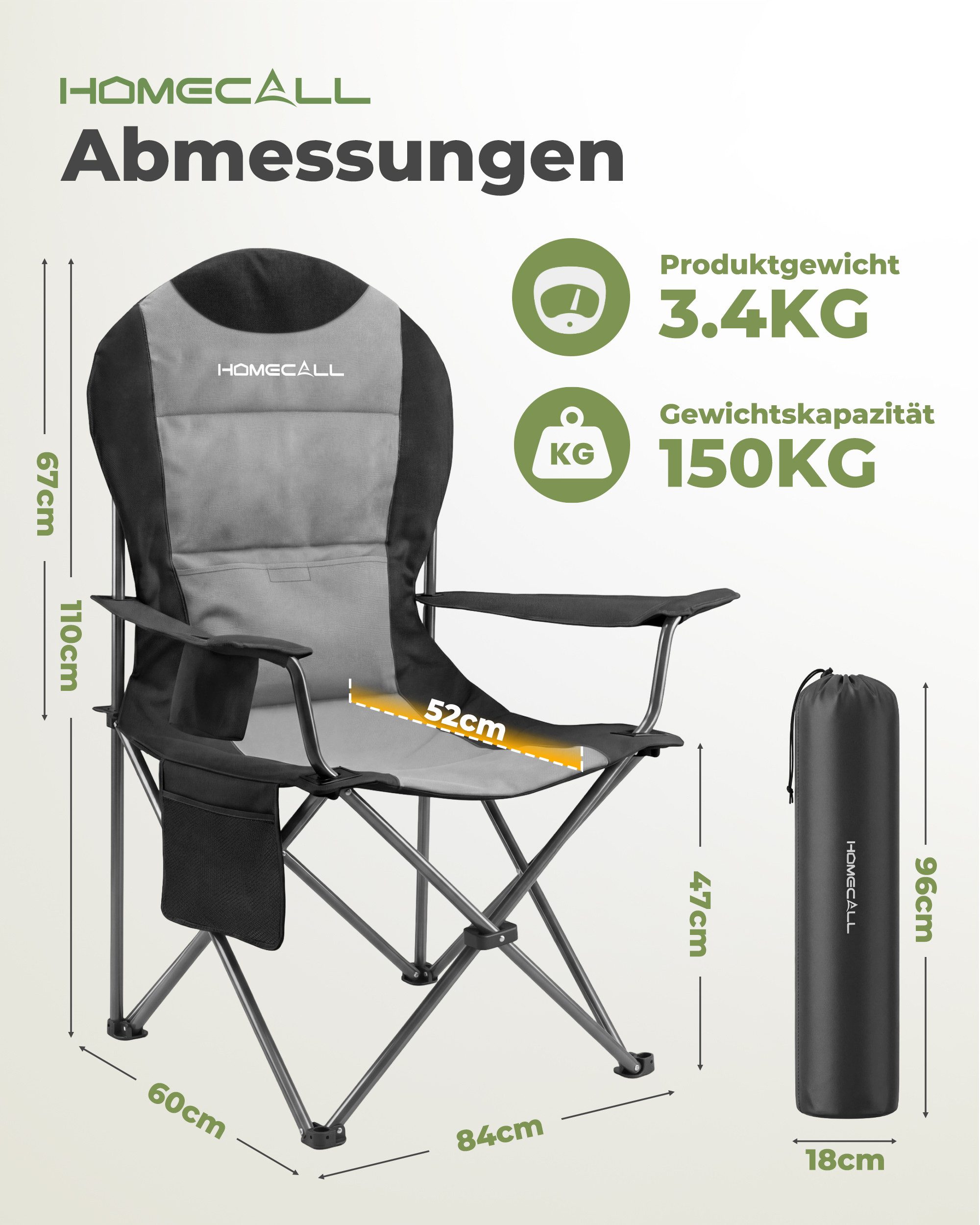 HOMECALL Campingstuhl Hochlehner 110cm mit Lendenwirbelstütze Klappstuhl Angelstuhl Faltbar (Bis 150kg, gepolstert, faltbar, stabil, 1 St), für Camp Garten Balkon