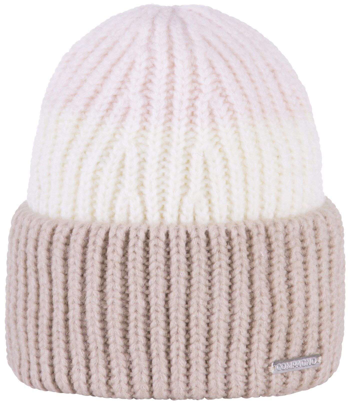 compagno Strickmütze (1-St) Klassische Strickmütze Damen Beanie Wintermütze mit Krempe beige breiter