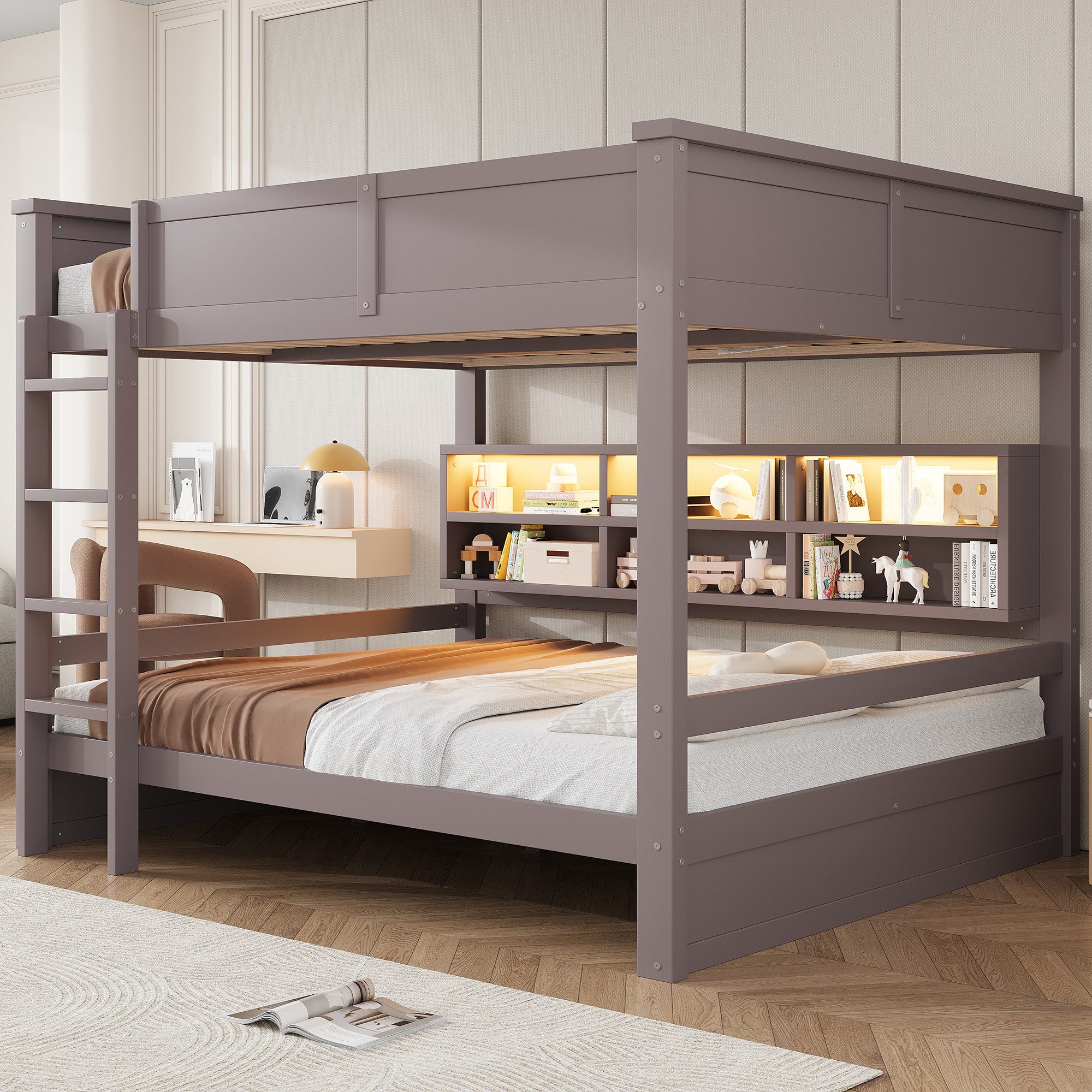 Flieks Etagenbett, Kinderbett 160x200cm mit LED-Beleuchtung, Stauraumregal und Leiter