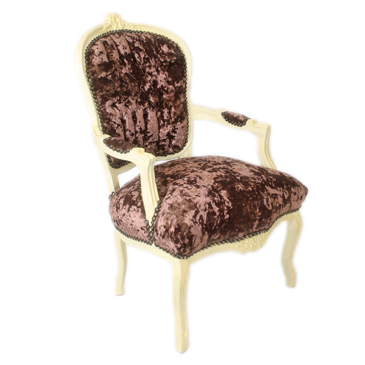Casa Padrino Besucherstuhl Barock Salon Creme - Velour Braun Möbel Antik Stoff / Design Stuhl