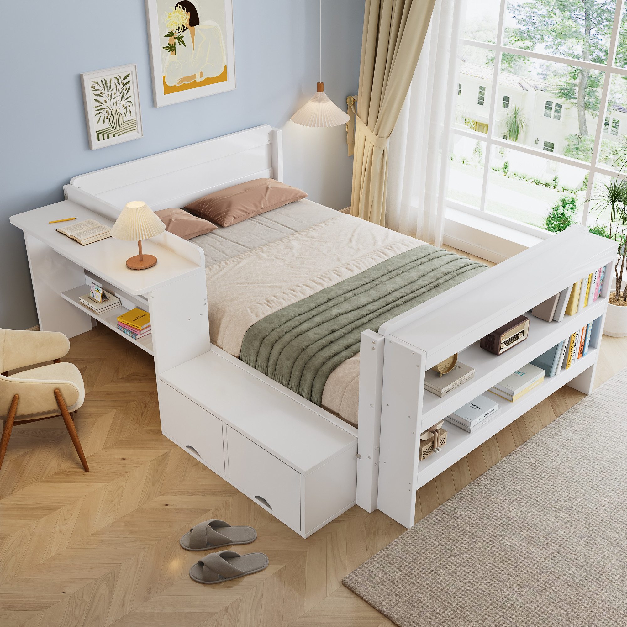 Flieks Holzbett, Kinderbett 120x200cm mit Schreibtisch Stauraumregal Klappfach