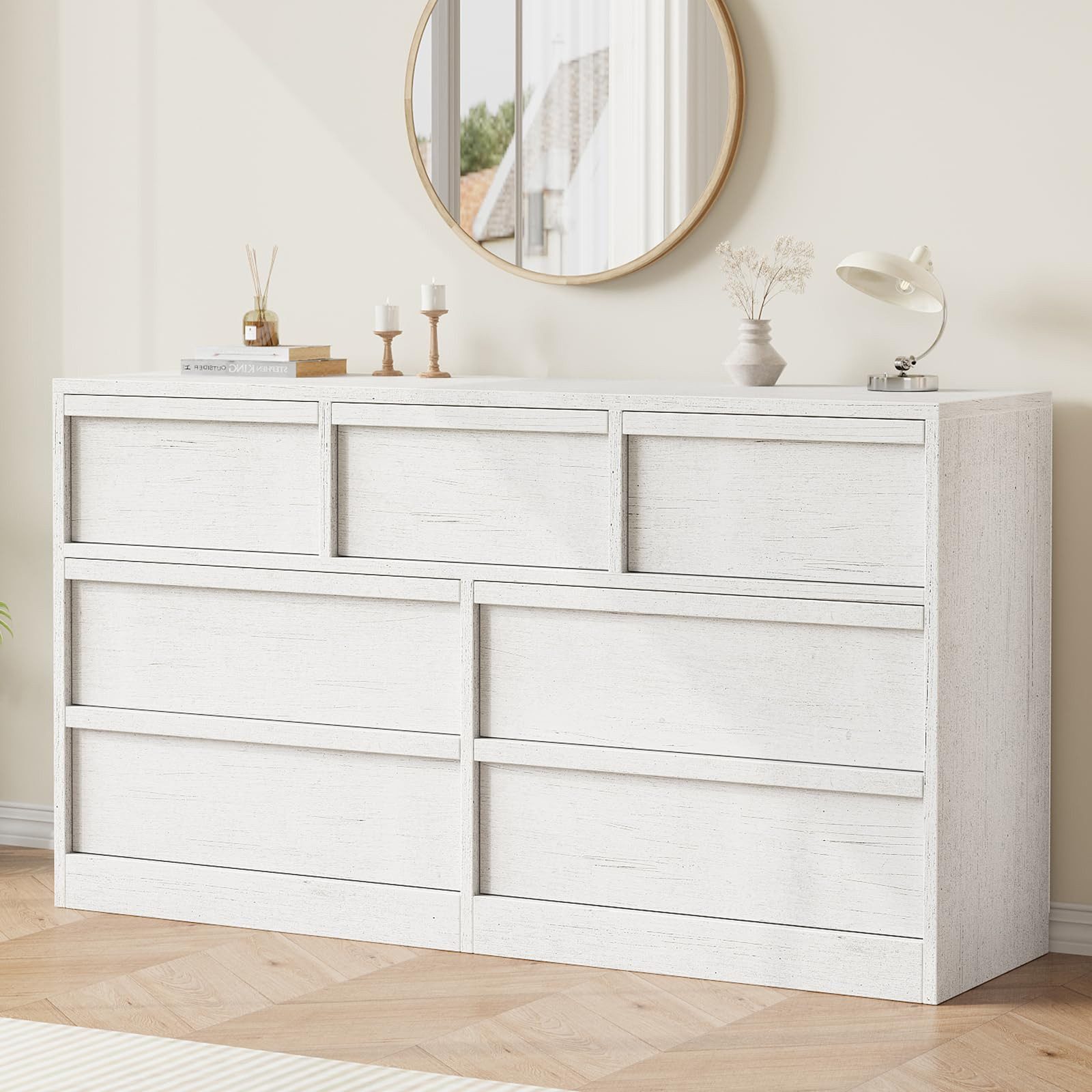 GarveeMore Kommode Stilvoll Schubkastenkommode Sideboard Kombikommode Lowboard TV-Bank, 6/7/8 Schubladen großem Stauraum Holzkommode mit großem Stauraum