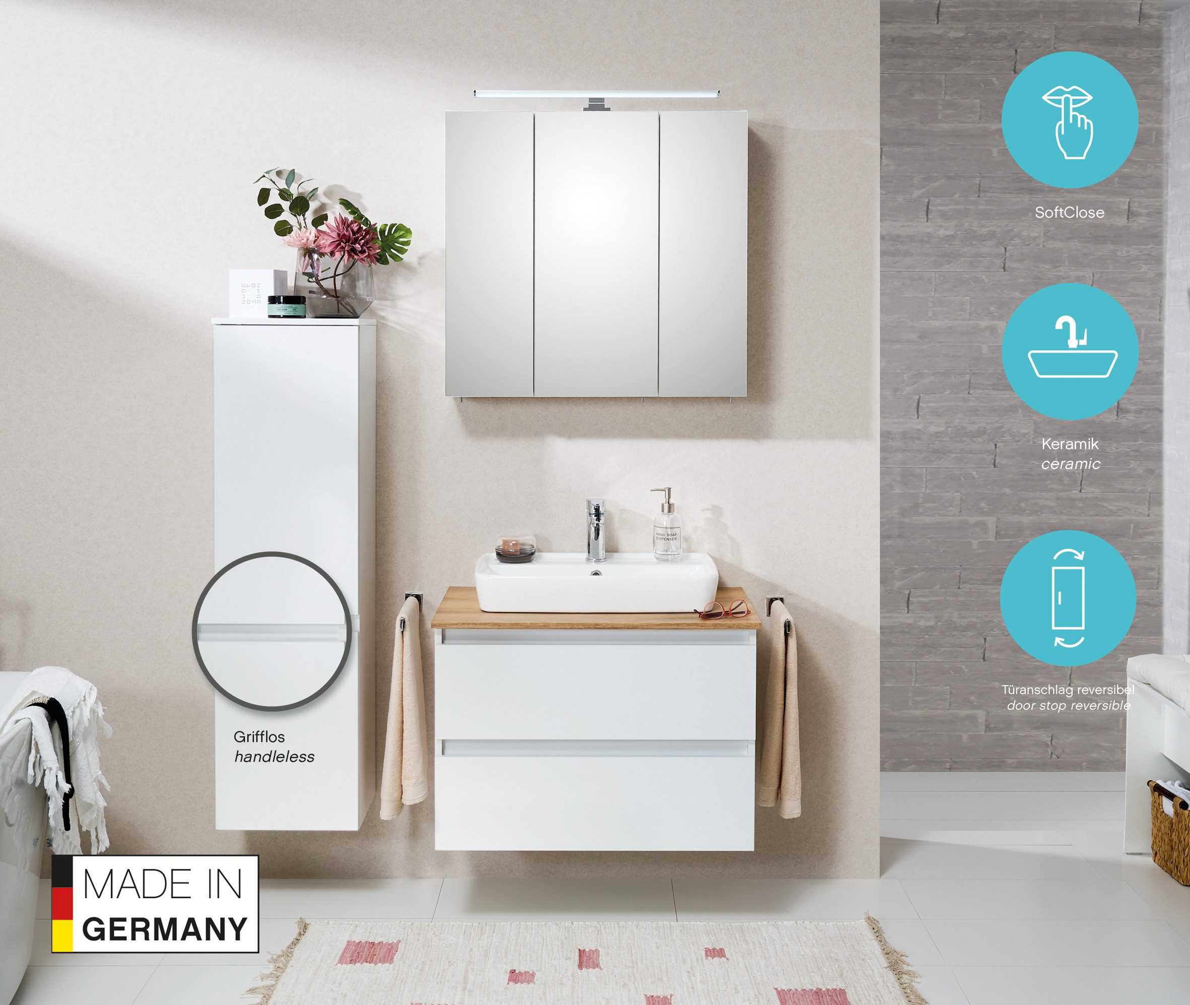 Saphir Waschtisch Quickset 360 Waschplatz mit Keramik-Aufsatzbecken, wandhängend, Waschtischplatte, 78 cm breit, Weiß Glanz, 2 Schubladen