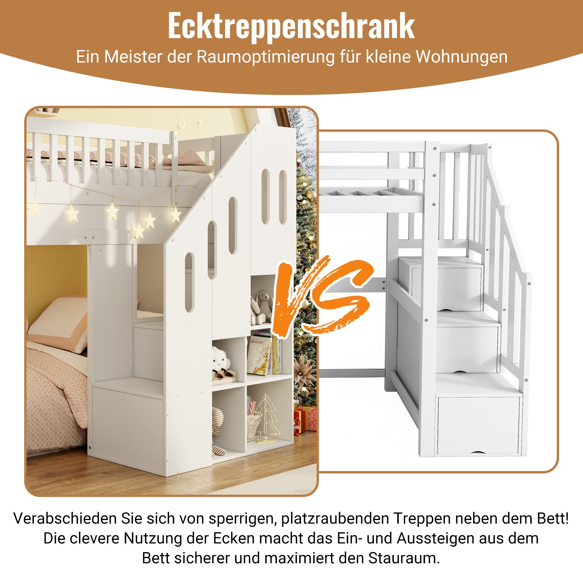 Merax Hochbett 90×200cm mit LED-Lichtleiste (1-St., Etagenbett Stockbett Jugendbett Einzelbett Hausbett) Massivholz Kinderbett mit Rutsche, Stauraumtreppe & Rau – Bild 5 von 5