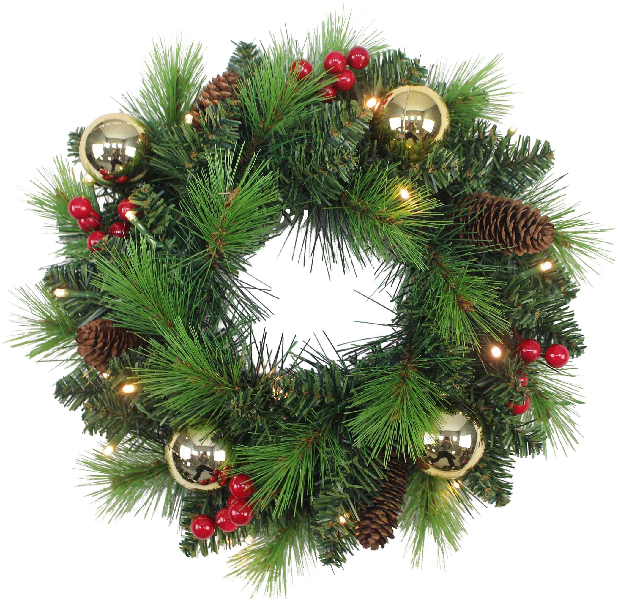 näve LED Dekoobjekt Dekokranz Noel, Weihnachtsdeko, Türkranz mit Kugeln, Zapfen und Beeren