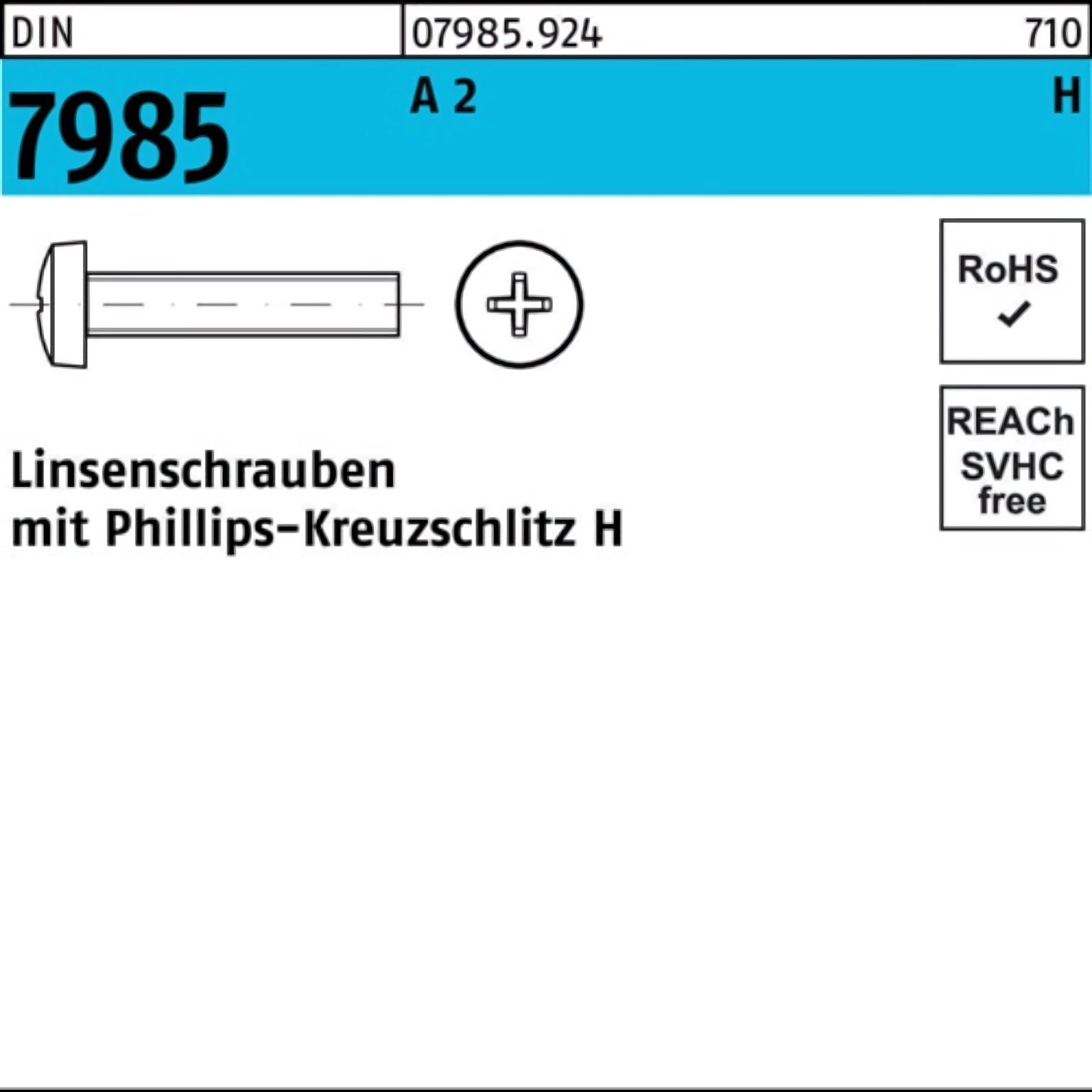 Reyher Schraube 100er Pack Linsenschraube DIN 7985 PH M6x 60-H A 2 100 Stück DIN 7985