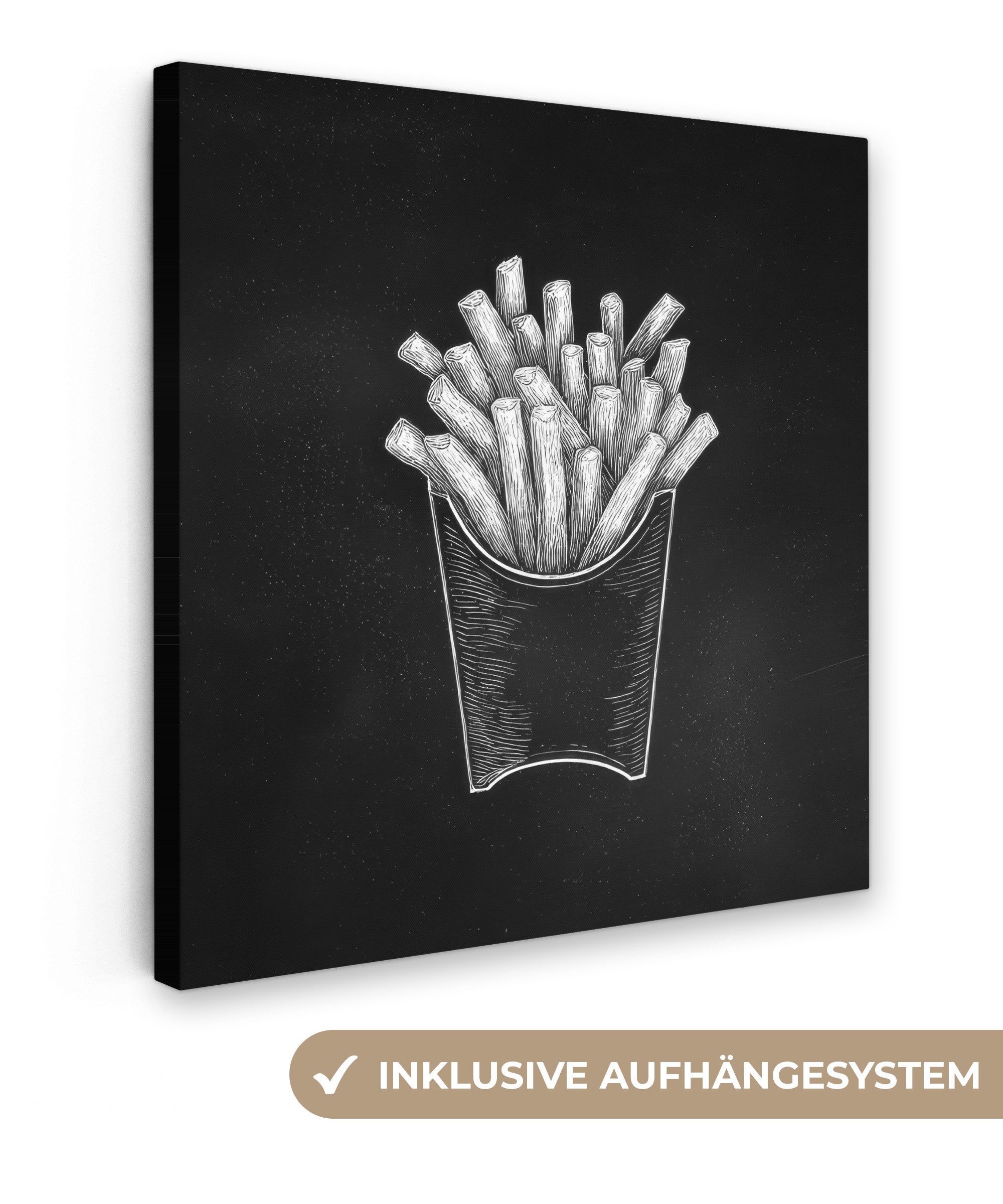 OneMillionCanvasses® Leinwandbild Pommes frites - Weiße Kreidezeichnung - Schwarz, Fotodruck (1 St), Wandbild, Deko Schlafzimmer Wohnzimmer Flur 20x20 cm