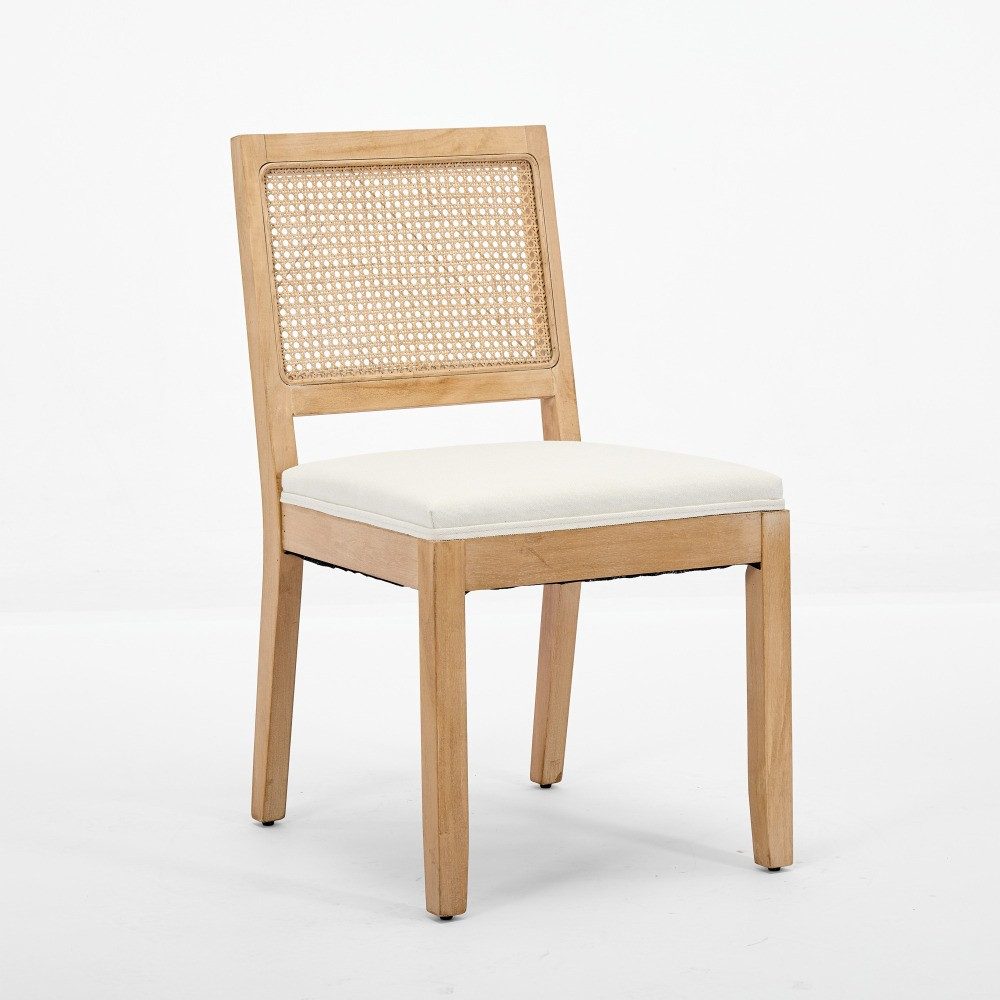 BBWL Esszimmerstuhl 2er Set Rattan Leinen Polsterstuhl Massivholz Mid Century Küchenstuhl, Esszimmerstühle Beige Farmhouse Design – Bild 3 von 5