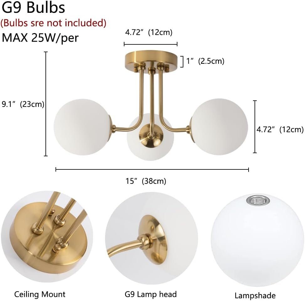 DOPWii Kugelförmig 10-15 3-Kopf-Deckenlampe m² Raum,E27-Lampenfassung Deckenleuchte Gold für