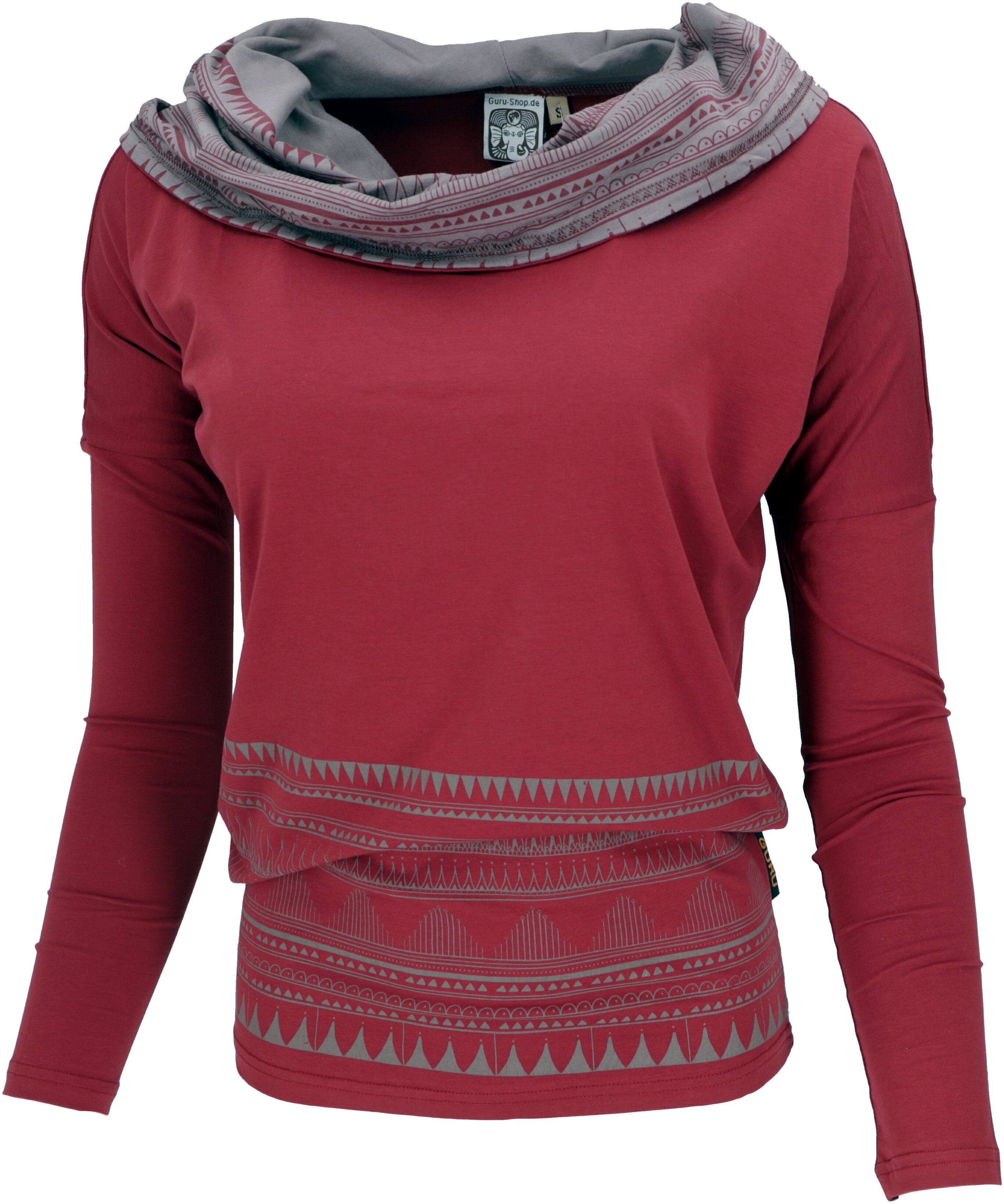 Boho.. Bio-Baumwolle, Longsleeve Bekleidung rot/grau Lockeres alternative Guru-Shop aus Longshirt