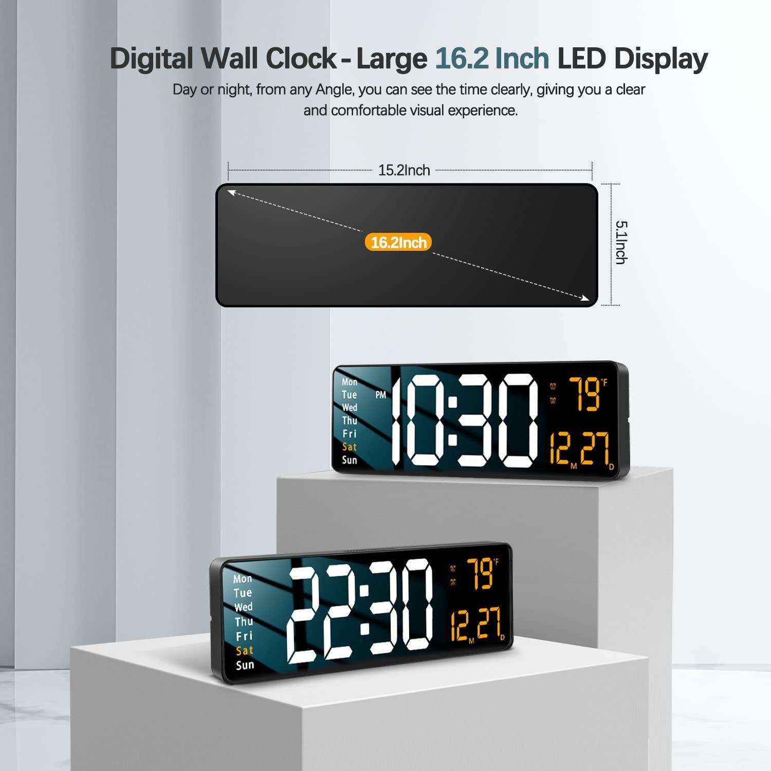 Ophy Wanduhr Moderne digitale Wanduhr (40,6 cm) mit Fernbedienung (LED-Display, 2 Wecker, Auto-Dimming, Kalender, 12/24h, leise) – Bild 2 von 5
