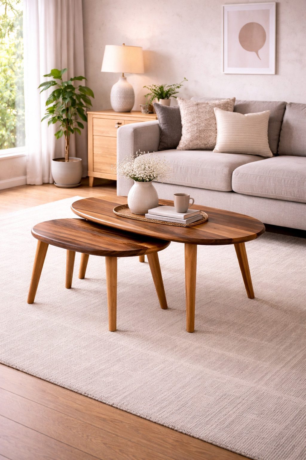 JVmoebel Couchtisch Elegantes Holz-Tisch Set in Naturfarbe mit Beistelltischen