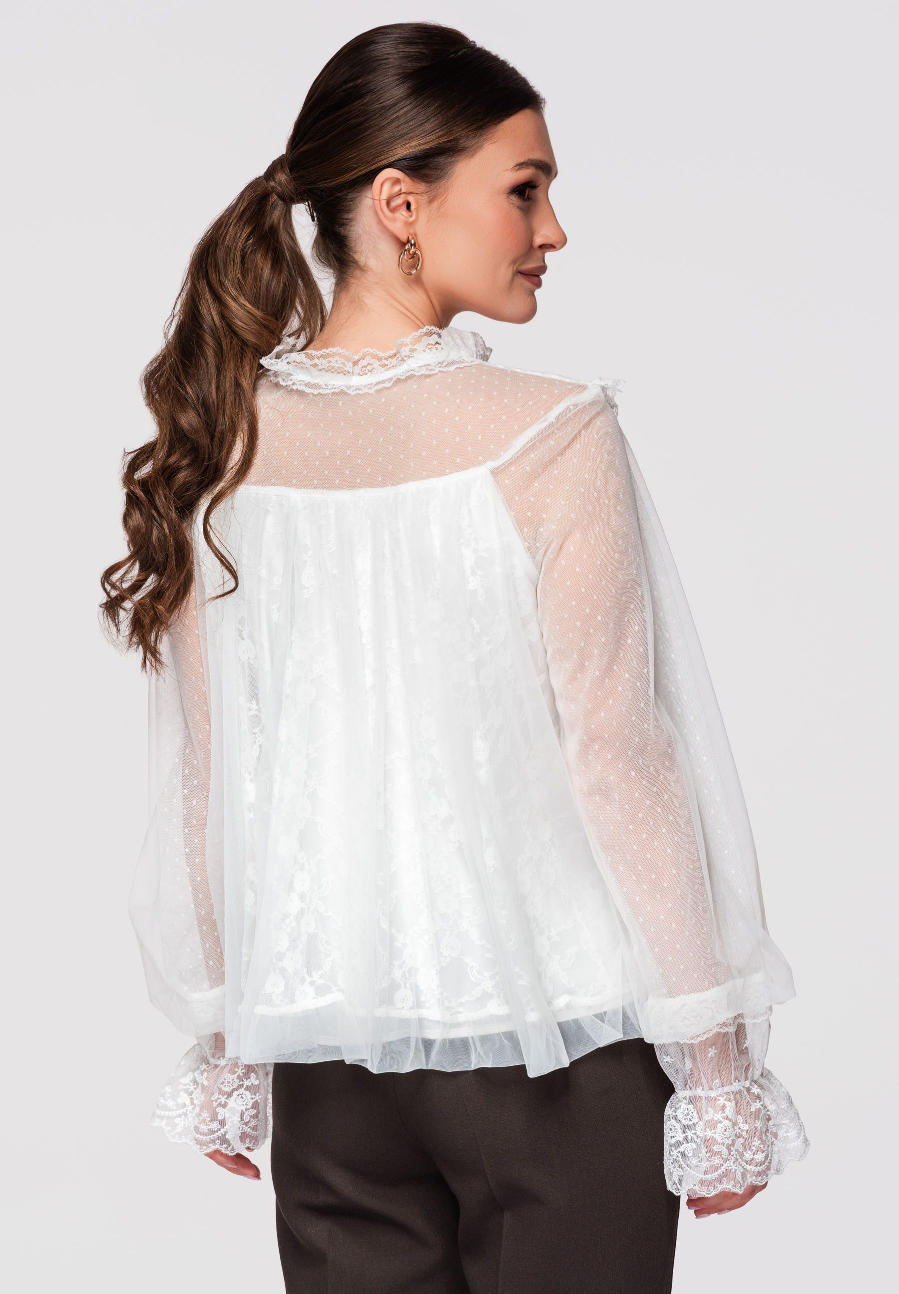 OMBRE Hemdbluse Damen Tüllbluse mit Spitze Elegant Vintage Weiß ONESIZE (kein Set, 1-tlg) Inklusive abnehmbarem Gürtel, Koronkowymi-Einsätze