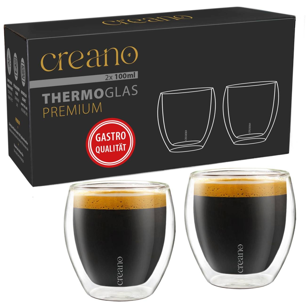 Creano Teeglas Espressoglas 2er-Set “hoch” 100ml, 2-tlg., Borosilikatglas, 2 Gläser