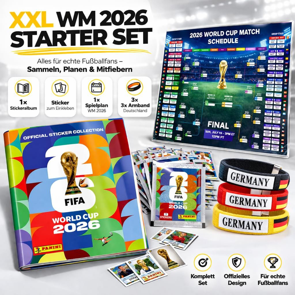 Kinderfreund® Stickerbuch XXL WM 2026 Set – inkl. Sticker Album Panini + Spielplan & Armbänder