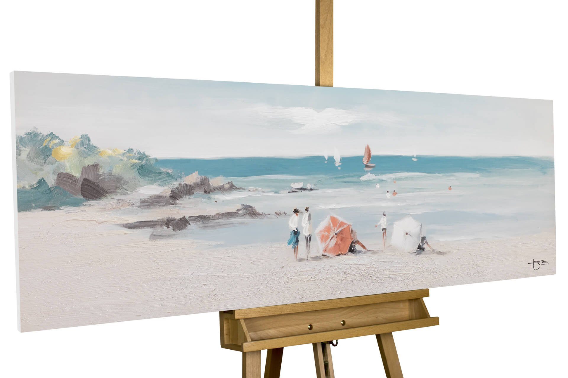 KUNSTLOFT Gemälde Strandtag 150x50 cm, Leinwandbild 100% HANDGEMALT Wandbild Wohnzimmer