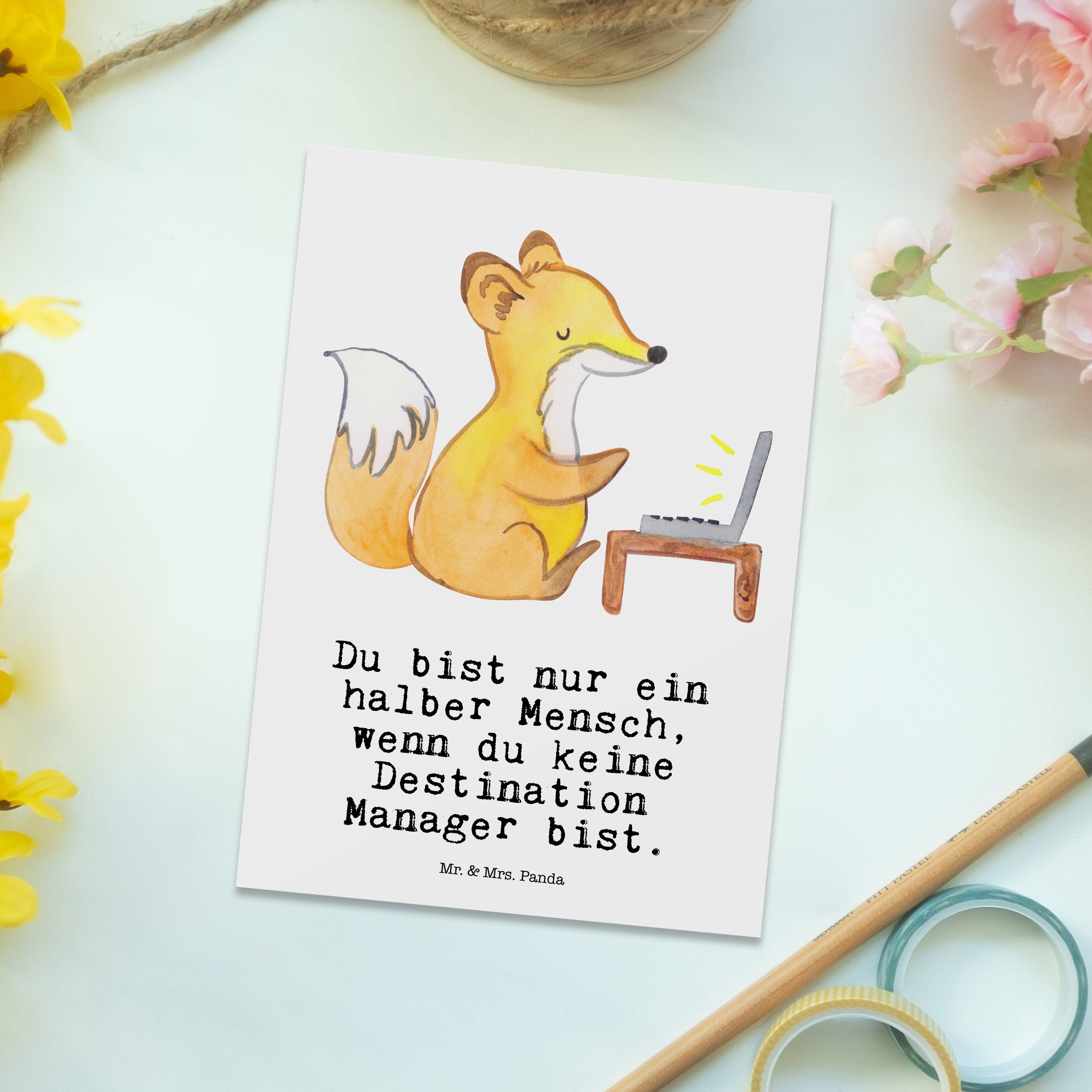 Mr. & Grußkarte, Geschenk, Manager Herz Destination Mrs. Panda - Weiß Abschied - Postkarte mit