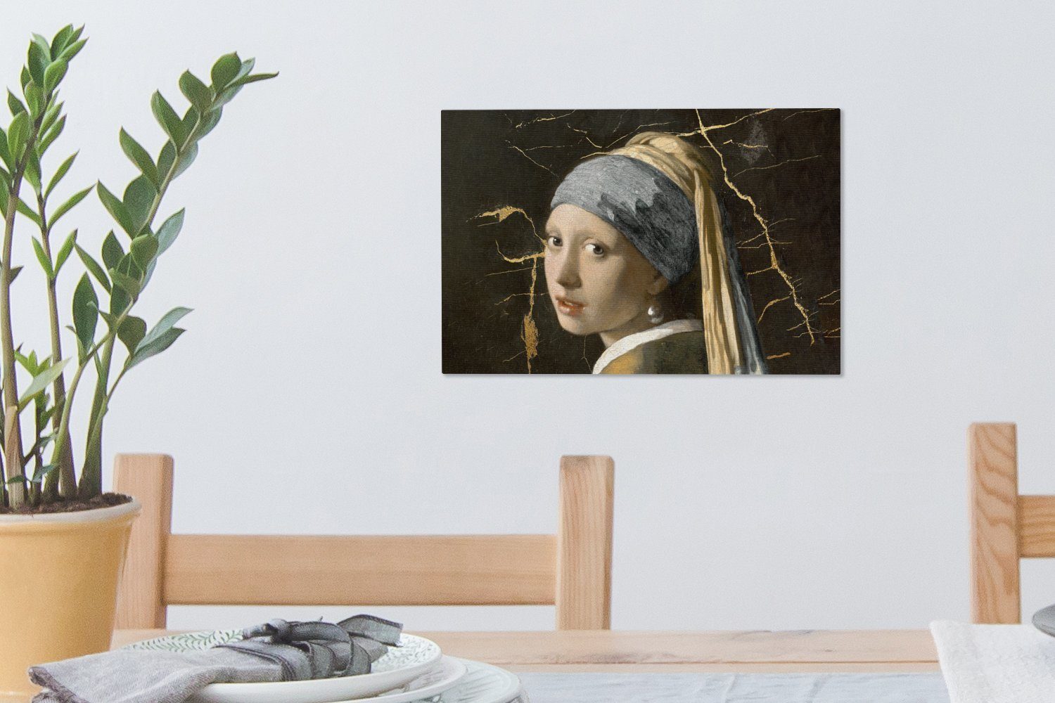 Perlenohrring Wandbild - Wanddeko, Gemälde Leinwandbilder, 30x20 cm Aufhängefertig, mit (1 - Mädchen St), OneMillionCanvasses® Vermeer Marmor,