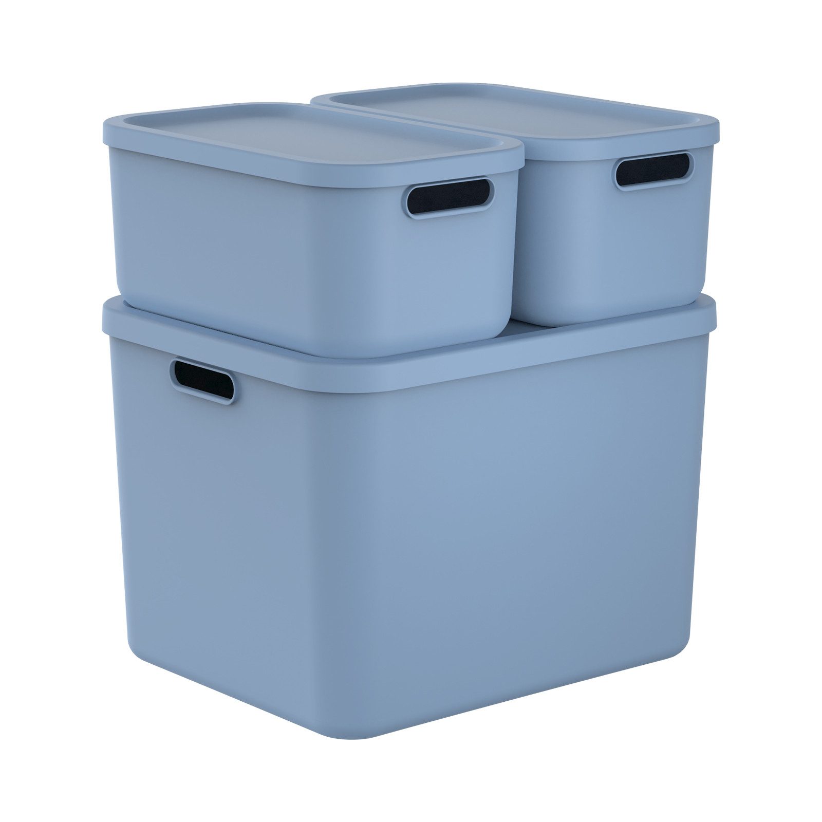 ROTHO Stapelbox Albula Light Set 3tlg. 2x 12l und 55l Aufbewahrungsboxen mit Deckel (3-teilig, Boxen-Set), Recycelt, modular, mit Tragegriffen