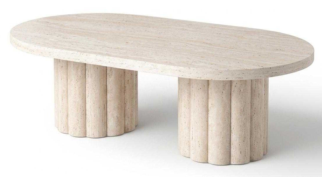 Xlmoebel Couchtisch Ovaler Couchtisch in Beige mit Travertin-Optik und Rillenbeinen, Made in Europa