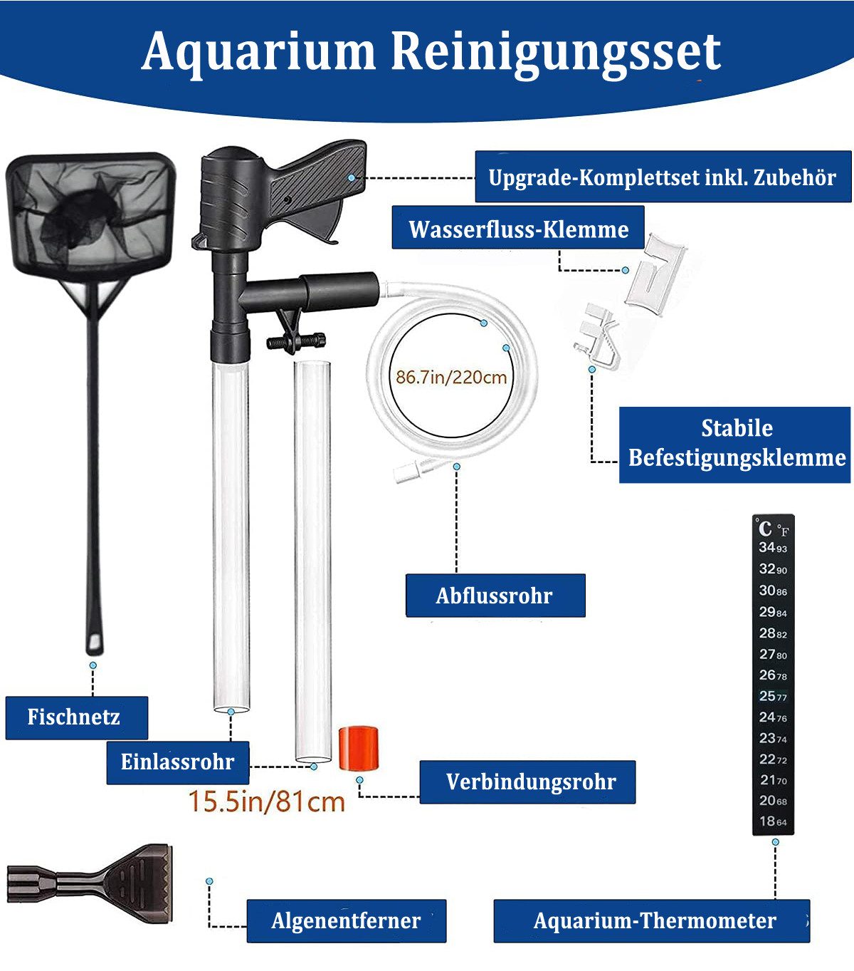 Diwzbyn Aquariumfilter Dreifunktionaler Aquarium-Bodengrundreiniger und Wasserwechsel-Set, Aquarium-Sauger und Wasserwechselwerkzeugset