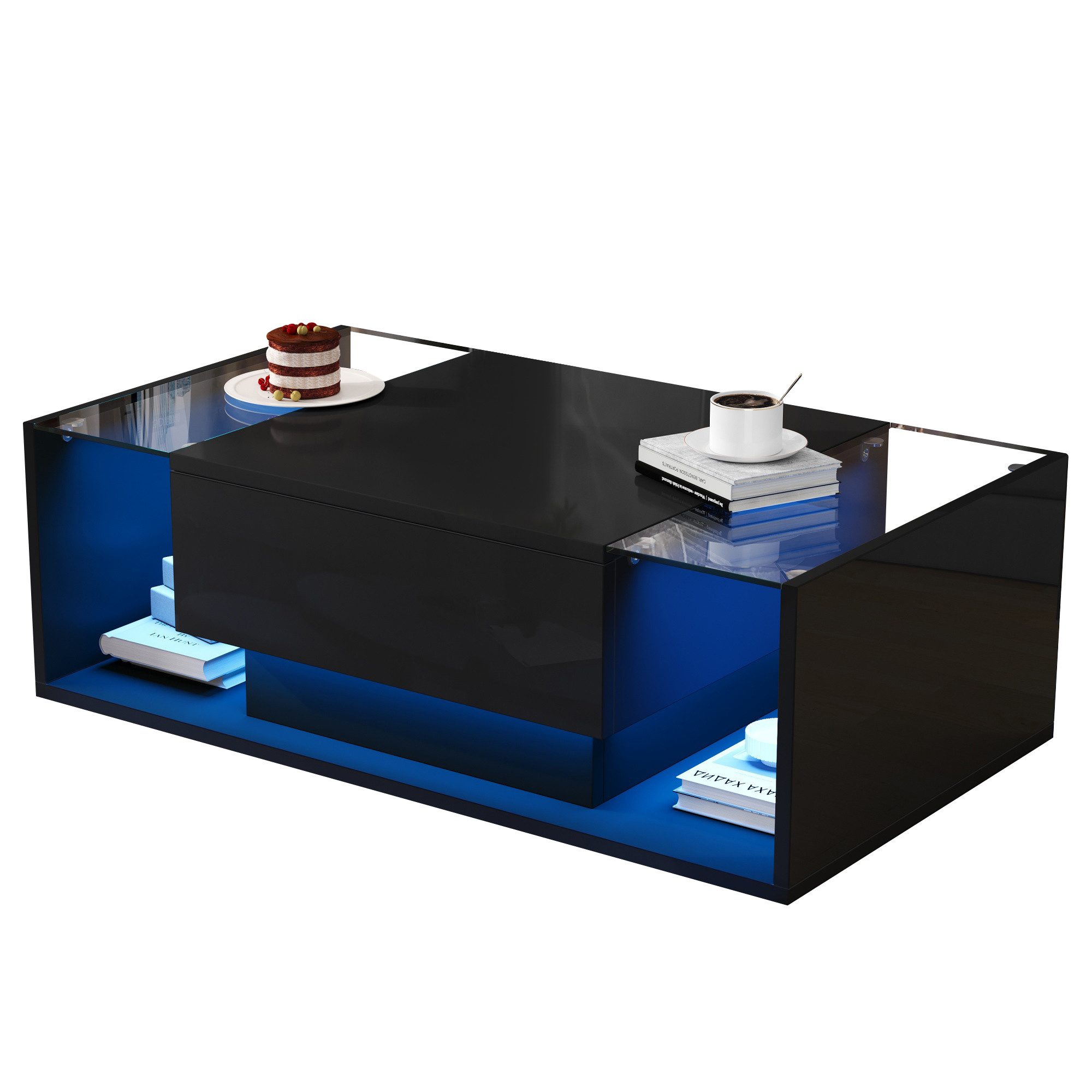 Welltin Couchtisch Couchtisch aus gehärtetem Glas mit Hochglanzoberfläche, Kaffetisch mit Schublade und integrierter LED-Lichtleiste 100x50x31cm