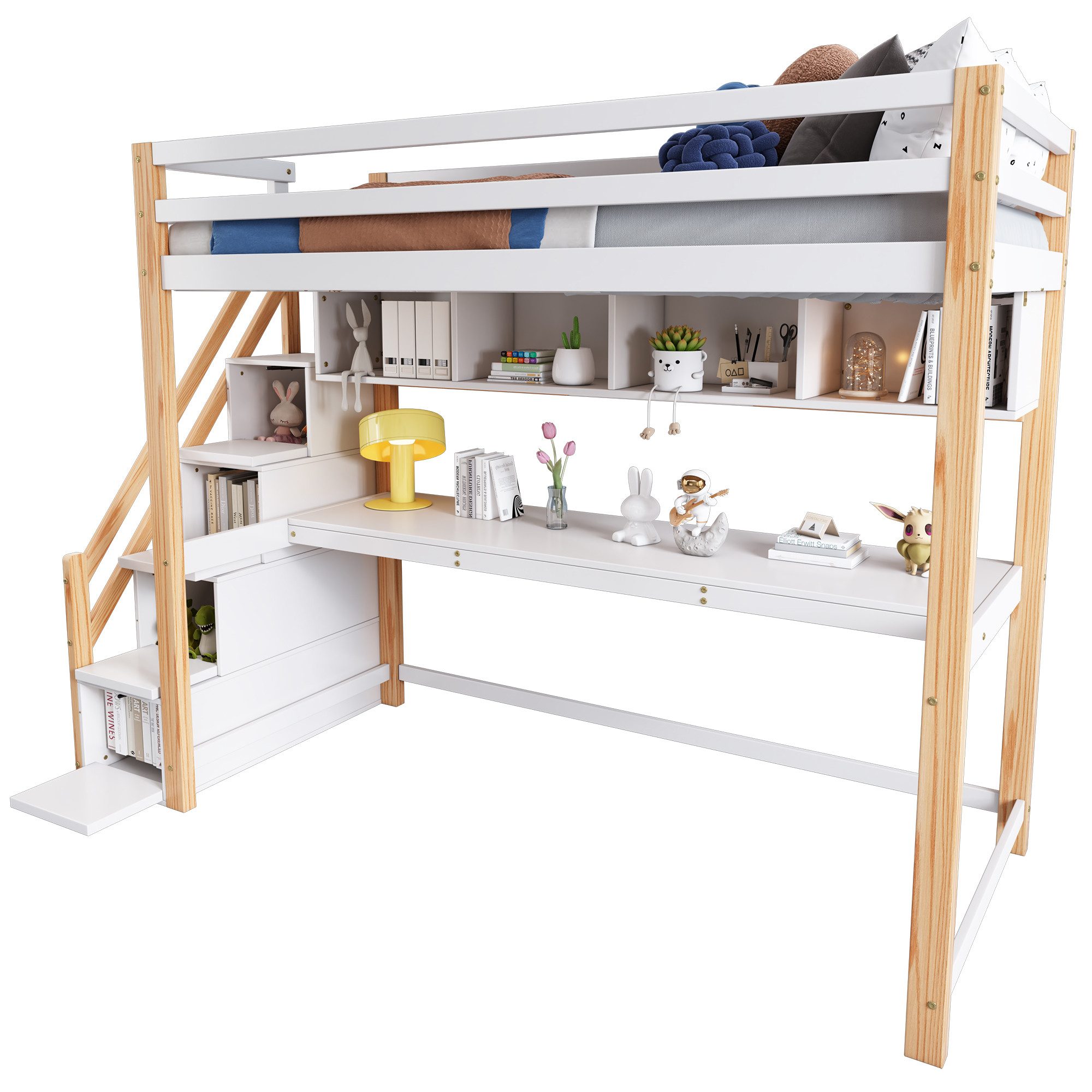 Flieks Hochbett Kinderbett Etagenbett mit Schreibtisch und Treppe 90x200cm Kiefer