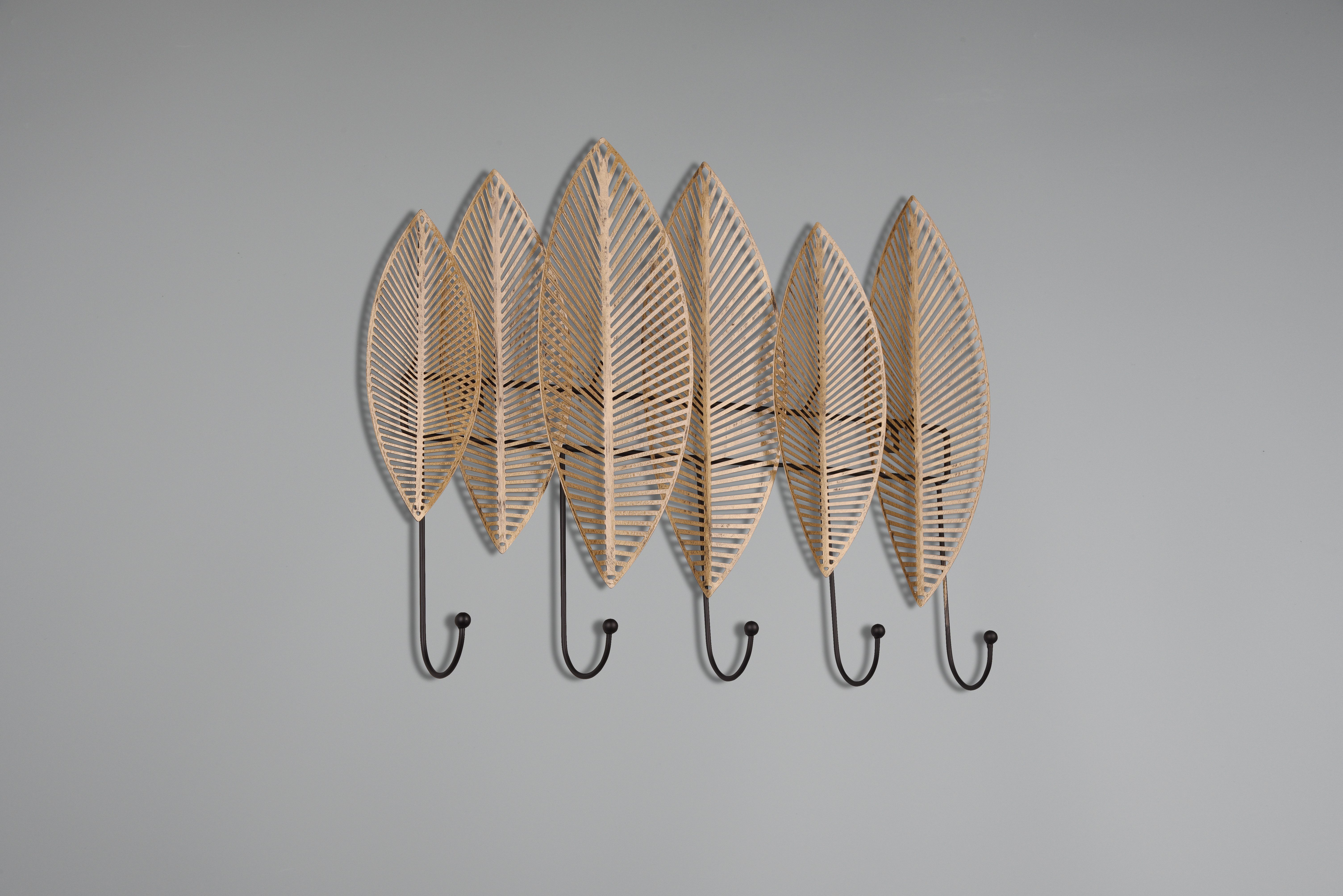 furnling Wandgarderobe Almada (1 St), aus Metall, goldfarbene Blätter mit 5 schwarzen Haken aus Metall