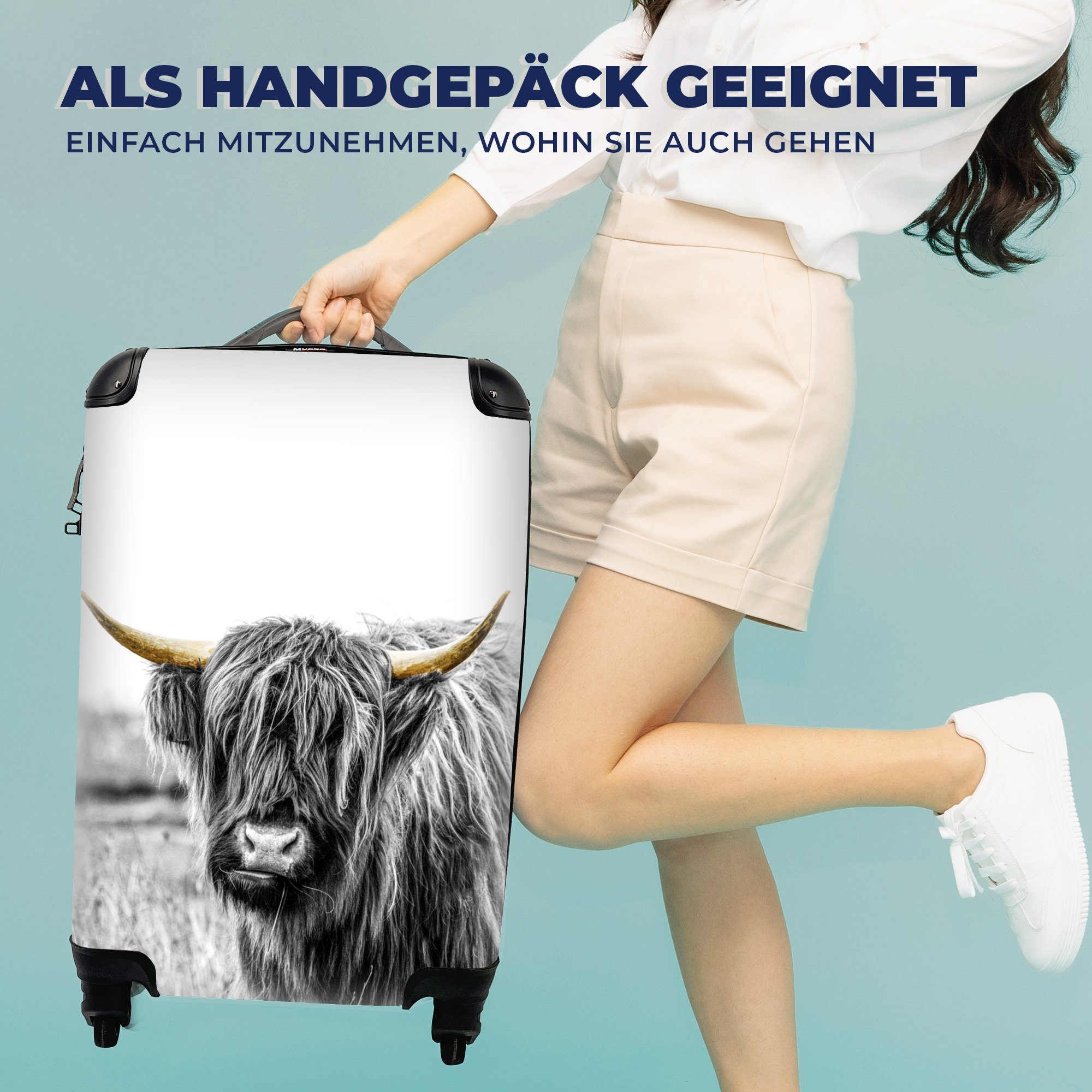 - für rollen, Schwarz Schottischer Hoorn, 4 MuchoWow Ferien, Trolley, Reisetasche Handgepäckkoffer Rollen, Handgepäck mit Highlander & Reisekoffer Gold -