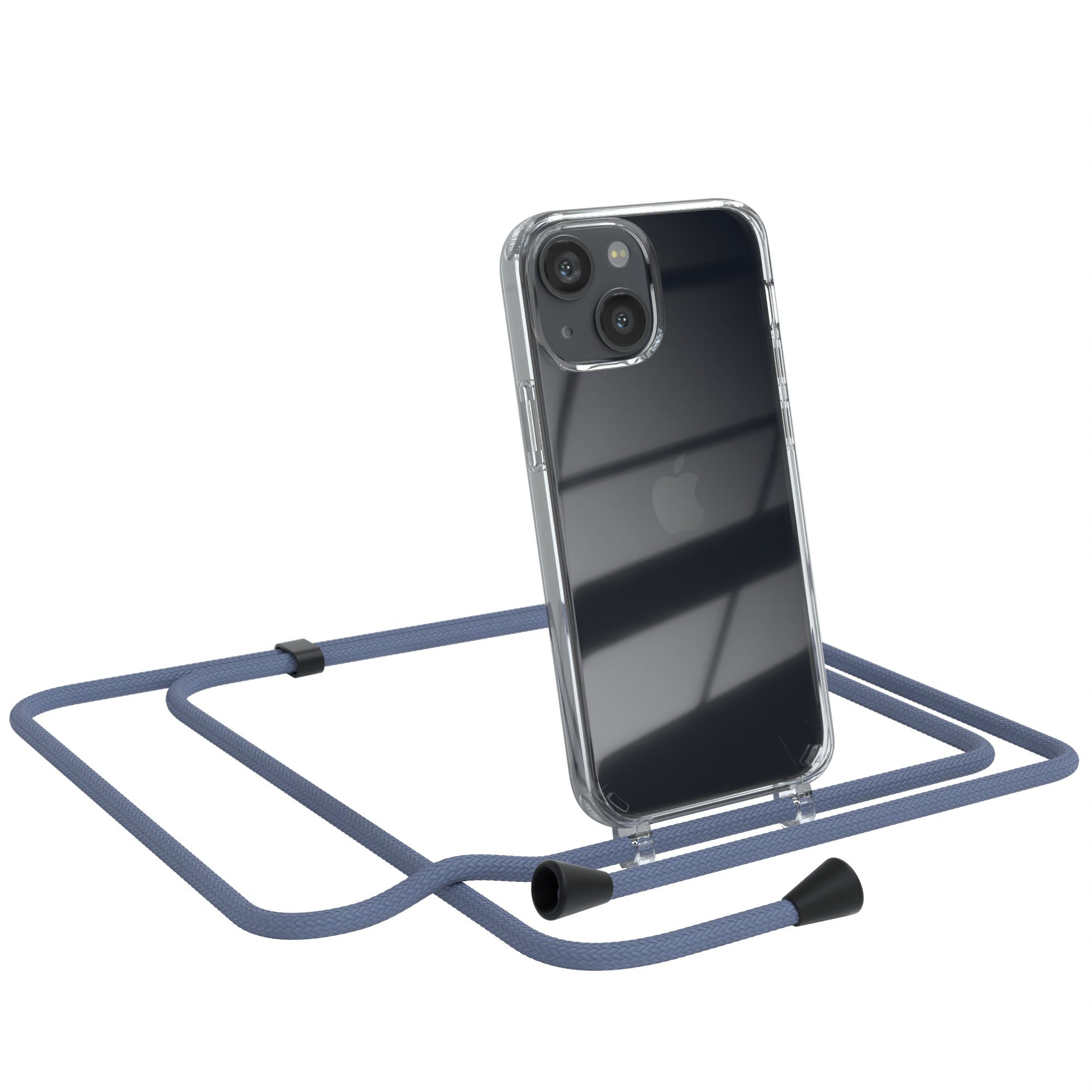 EAZY CASE Handykette Kette Clips Schwarz für Apple iPhone 13 Mini 5,4 Zoll, Silikonhülle Transparent Handyhülle mit Kordel Kette zum Umhängen Blau