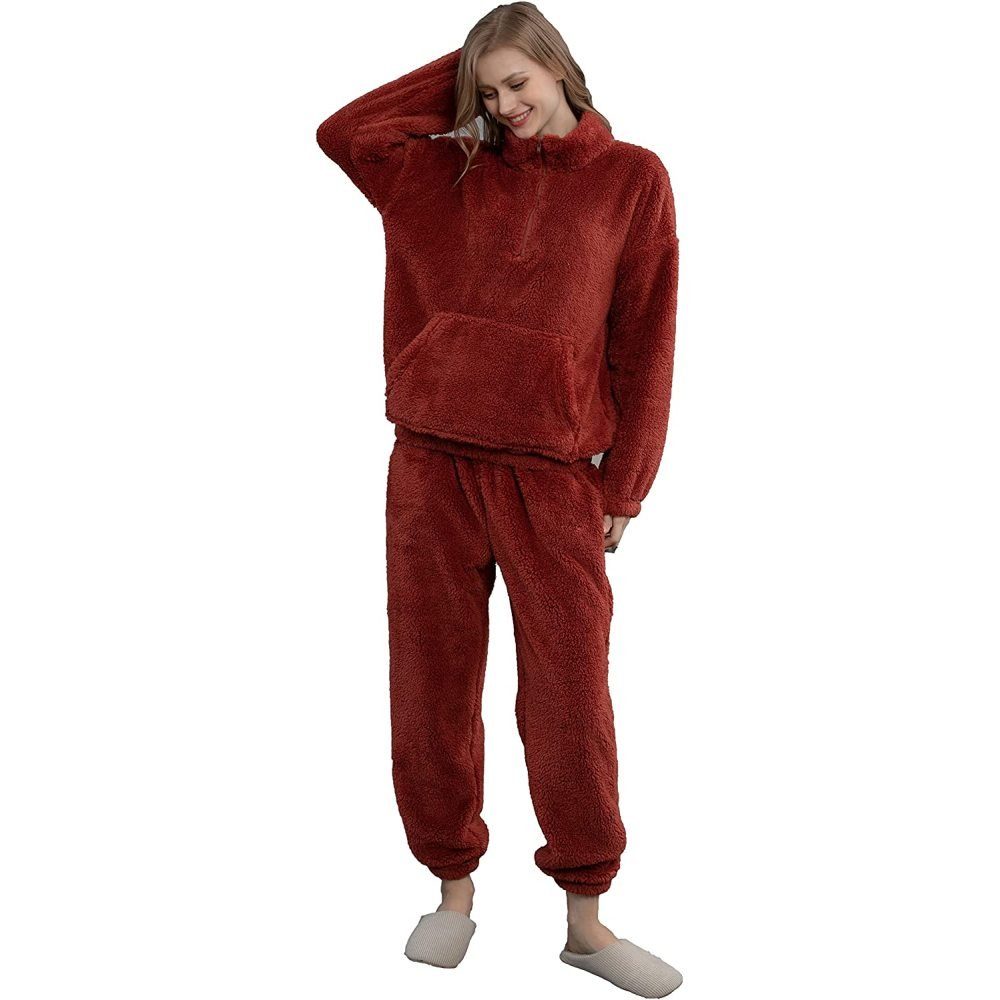 für Nachtwäsche warmes kuschelige rot Schlafanzug Damen, und Hausanzug Schlafanzug Juoungle