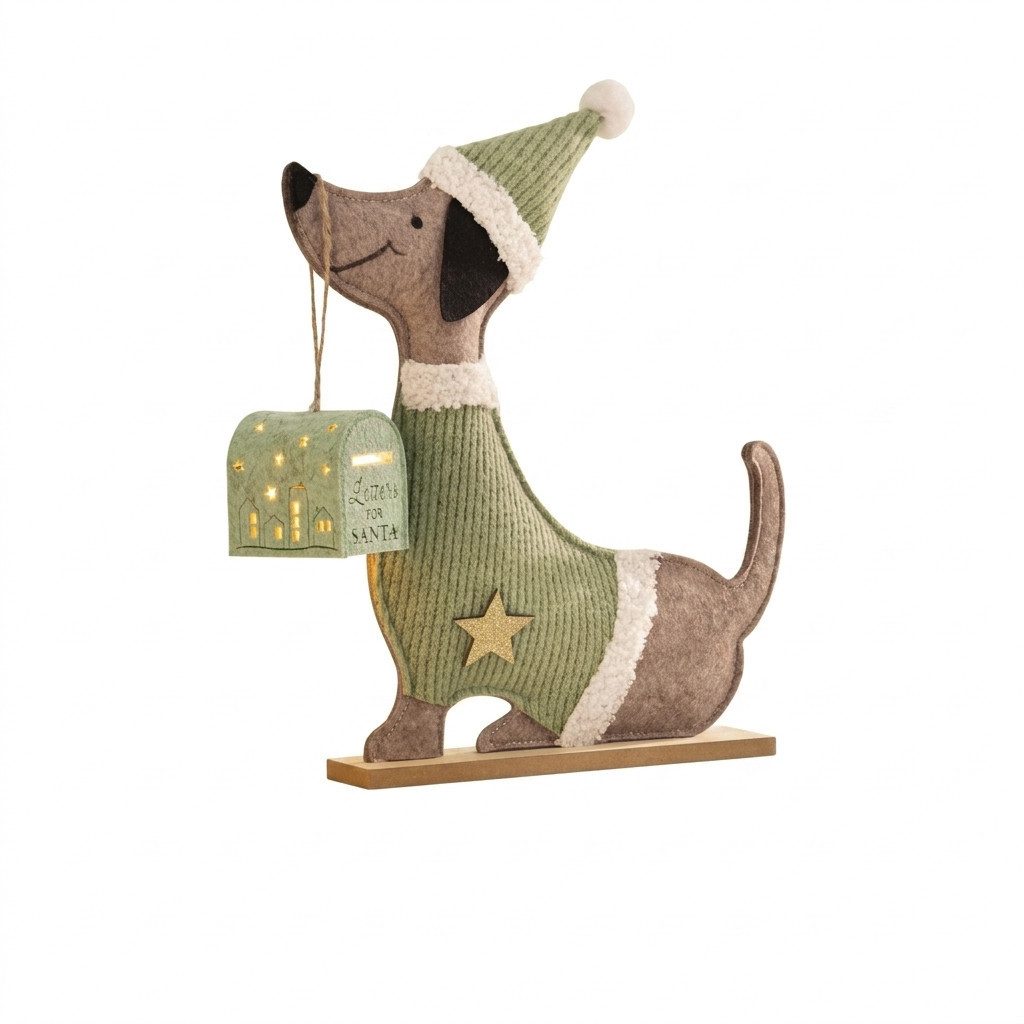 Home-trends24.de LED Dekofigur LED Deko Figur Dackel mit Postbox Filz MDF Sockel Weihnachten 2tlg.