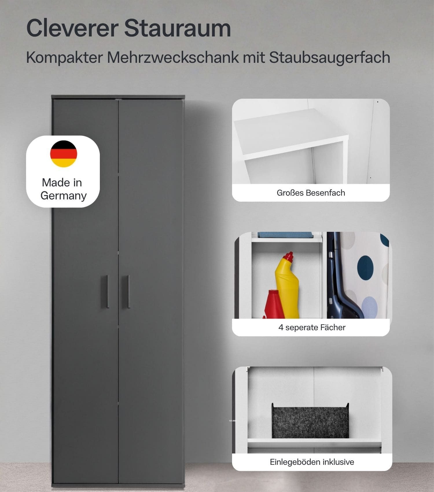 mokebo Mehrzweckschrank Der Lange (60x180 cm, mit Staubsaugerfach) Made in Germany, Besenschrank, Putzschrank, Flurschrank in Anthrazit