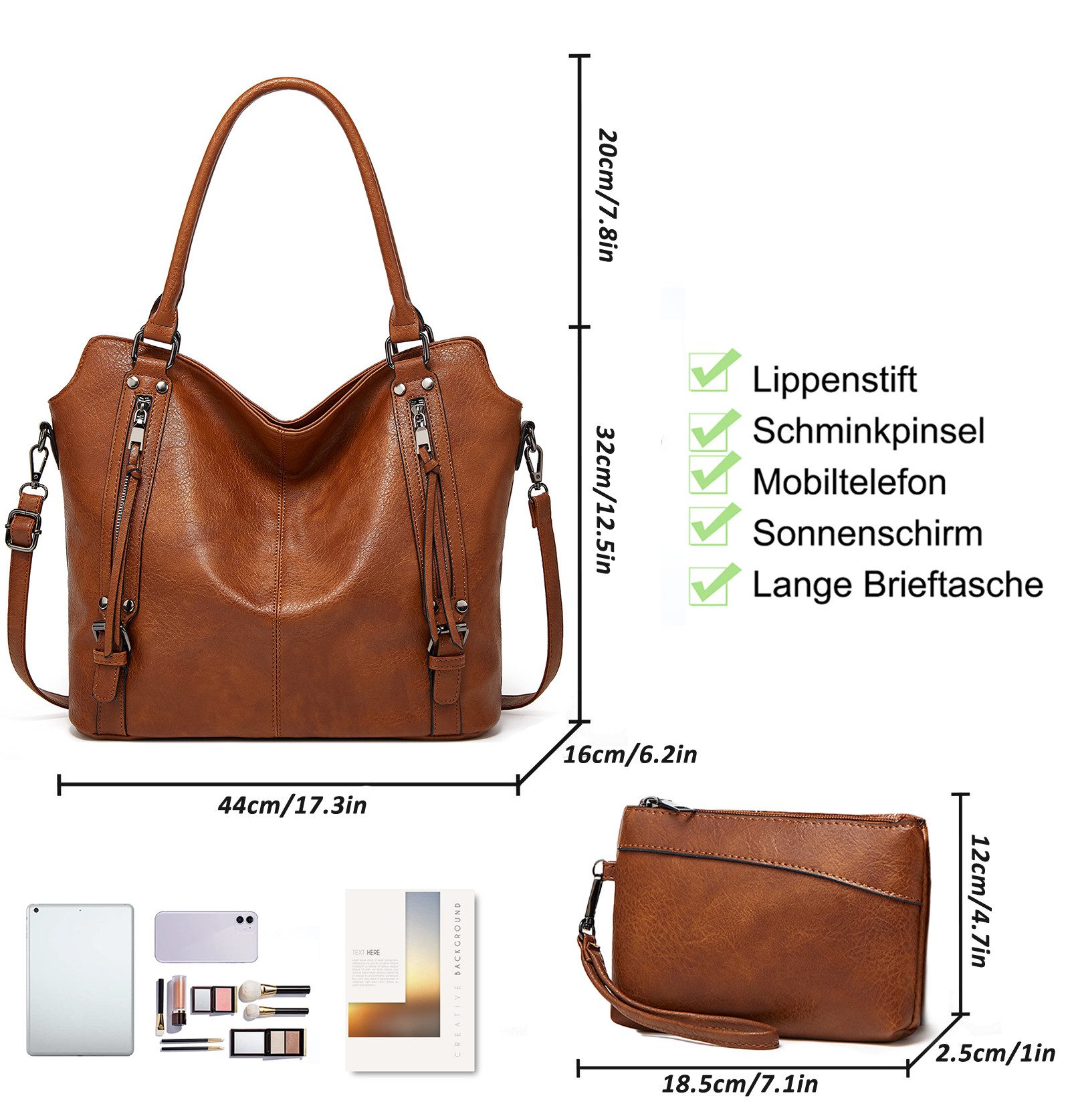 TAN.TOMI Handtasche Damen Schultertasche Groß Shopper Vegan Handtasche, Handtaschen Umhängetasche Geldbörse Damen Taschen 2-Tlg – Bild 5 von 5