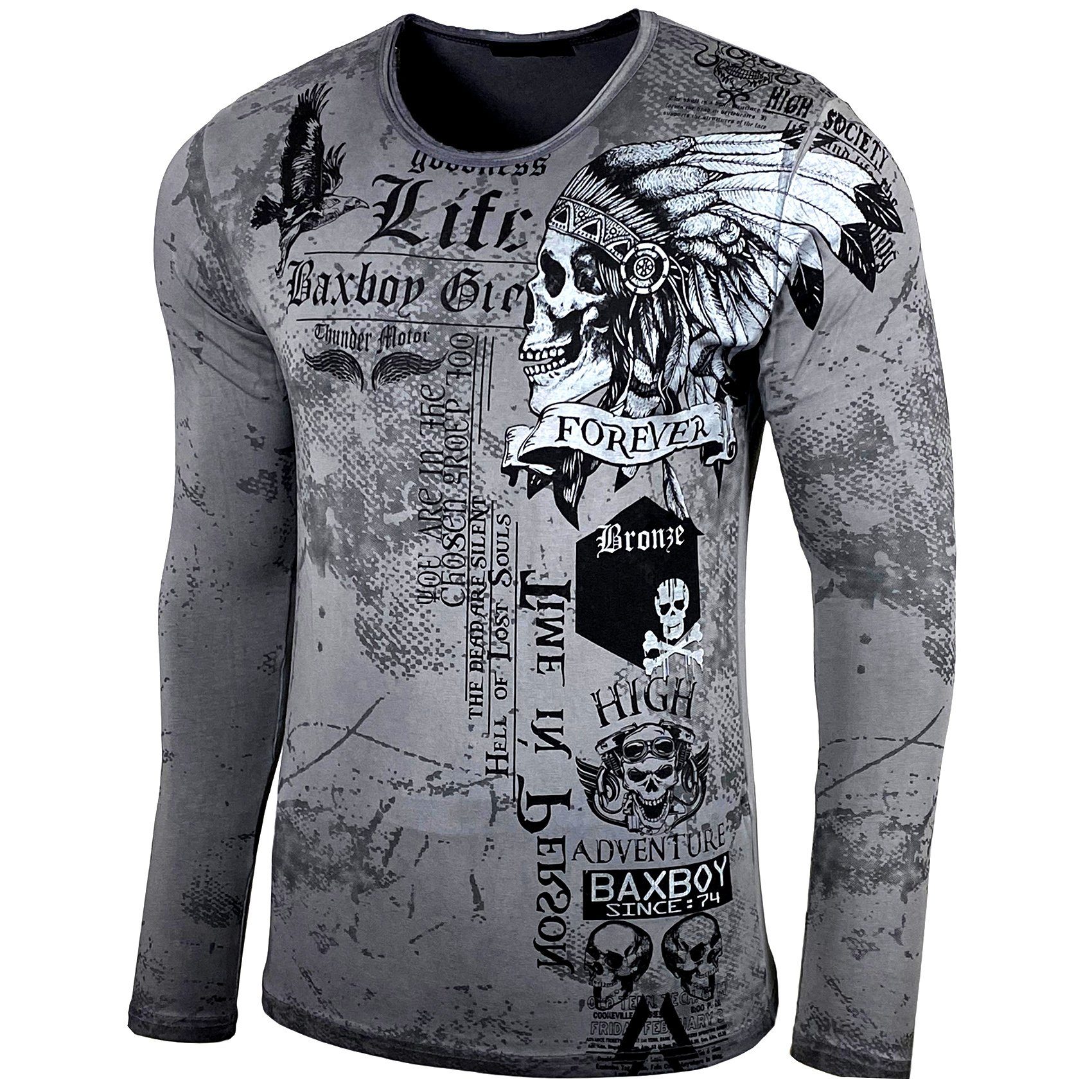 Baxboy Longshirt Baxboy Herren Longsleeve All Over Plakativer Front & Back Print 708 Anthrazit | Longshirts