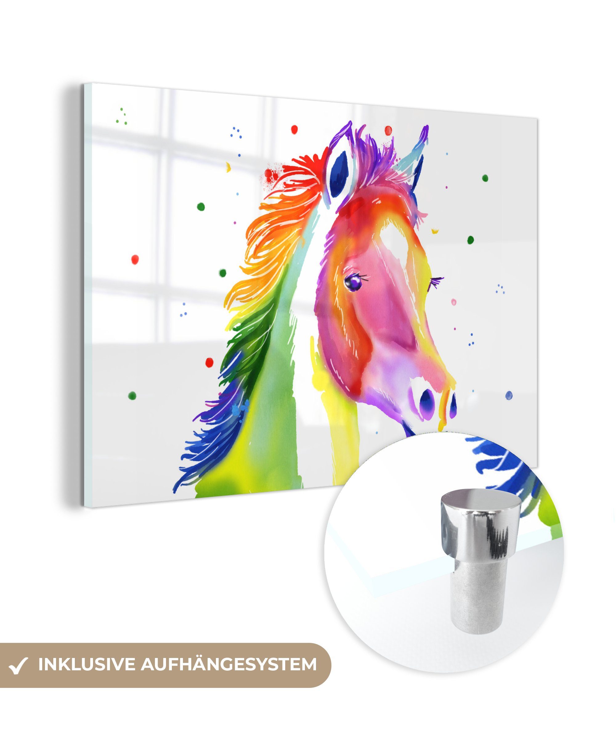 MuchoWow Acrylglasbild Pferd - Regenbogen - Polka dots - Mädchen - Kinder - Mädchen, (1 St), Glasbilder - Bilder auf Glas Wandbild - Foto auf Glas - Wanddekoration