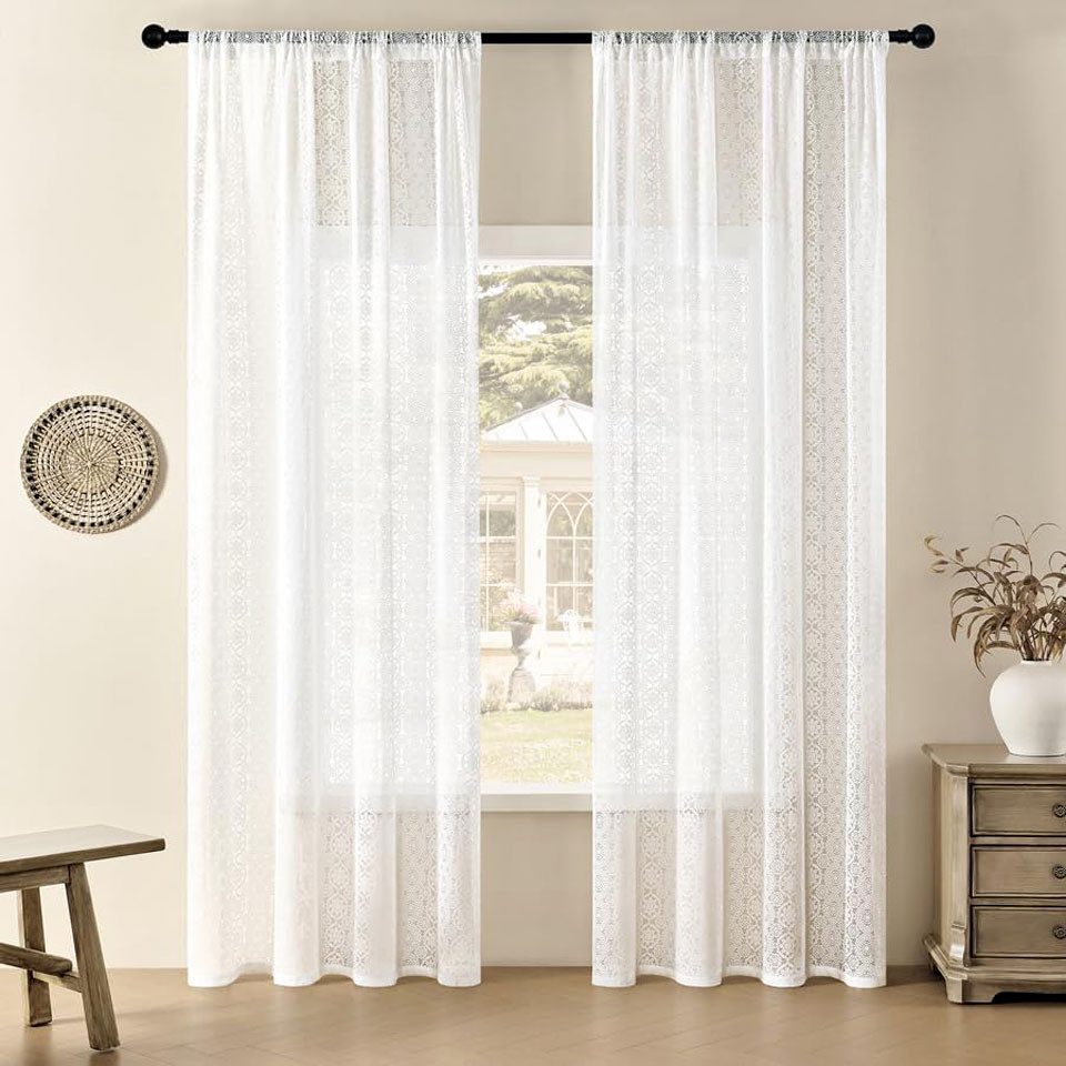 Agger Gardine Vintage-weißer Spitzenvorhang, lichtdurchlässiger Boho-Vorhang, französischer Häkel-Dekorationsvorhang für Schlafzimmer und Wohnzimmer