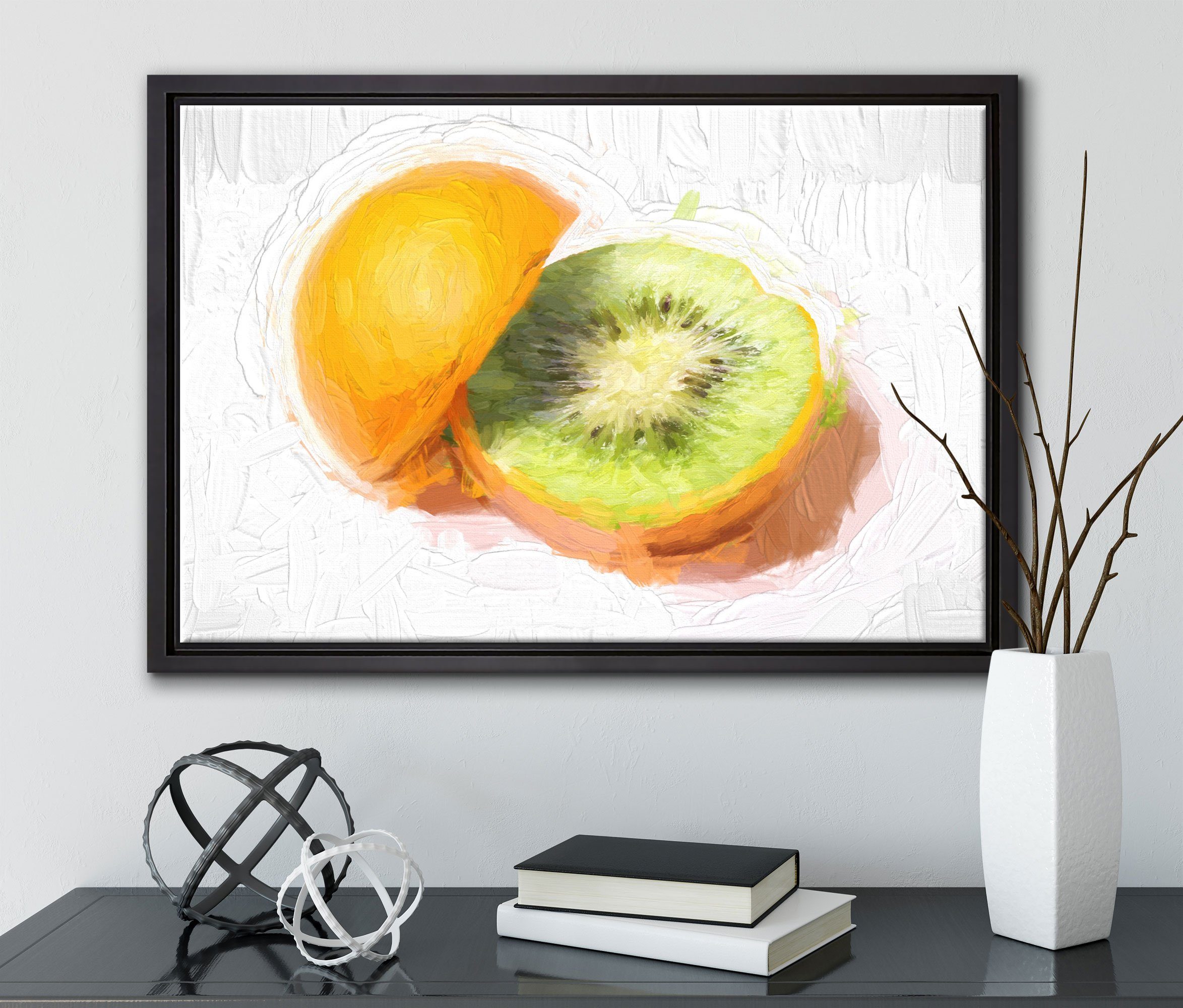 Wanddekoration gefasst, bespannt, inkl. St), Leinwandbild in (1 Orange-Kiwi-Frucht, Zackenaufhänger Leinwandbild einem Pixxprint fertig Schattenfugen-Bilderrahmen