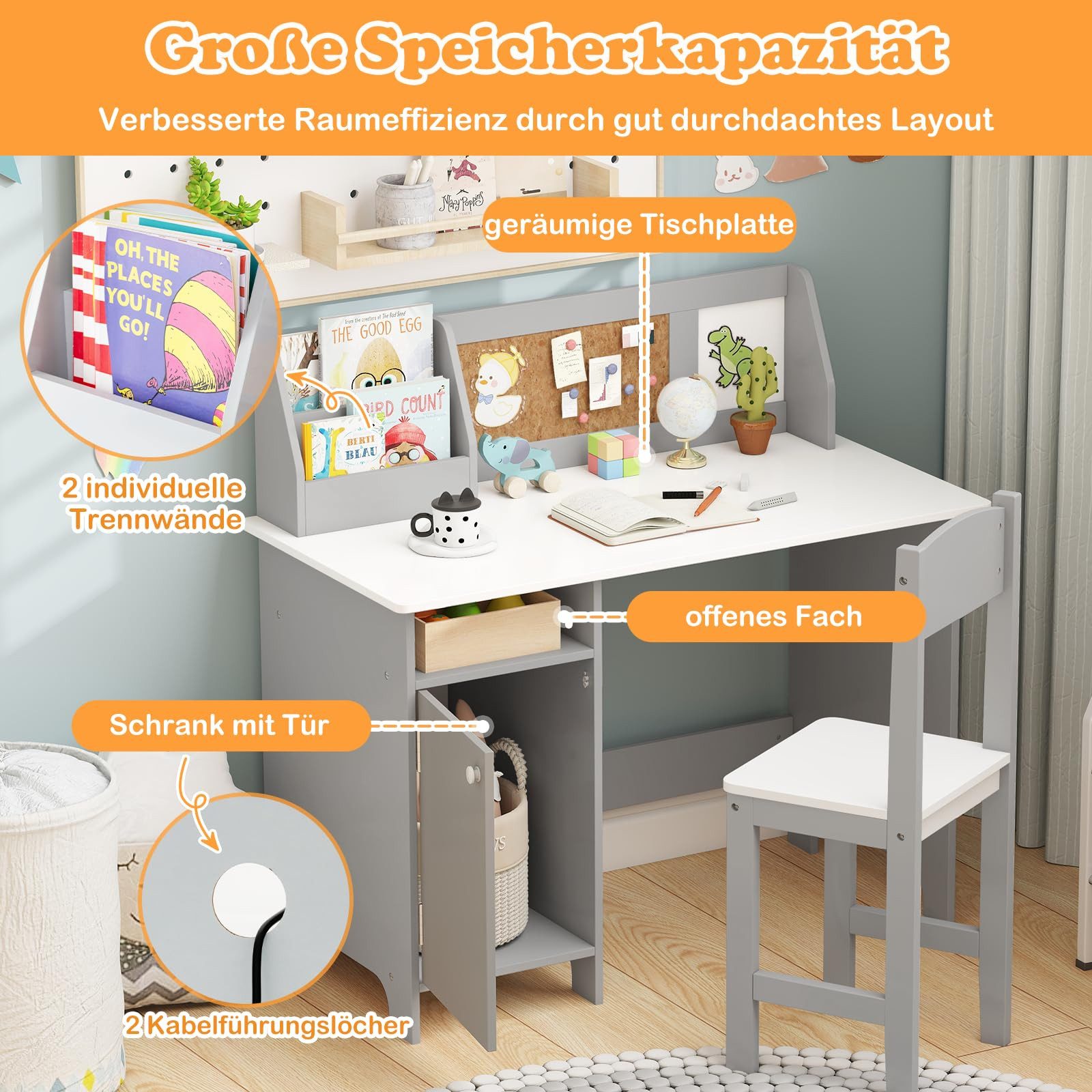 COSTWAY Kinderschreibtisch mit Stuhl Set, Holz, Sitzgruppe mit Bücherregal günstig online kaufen