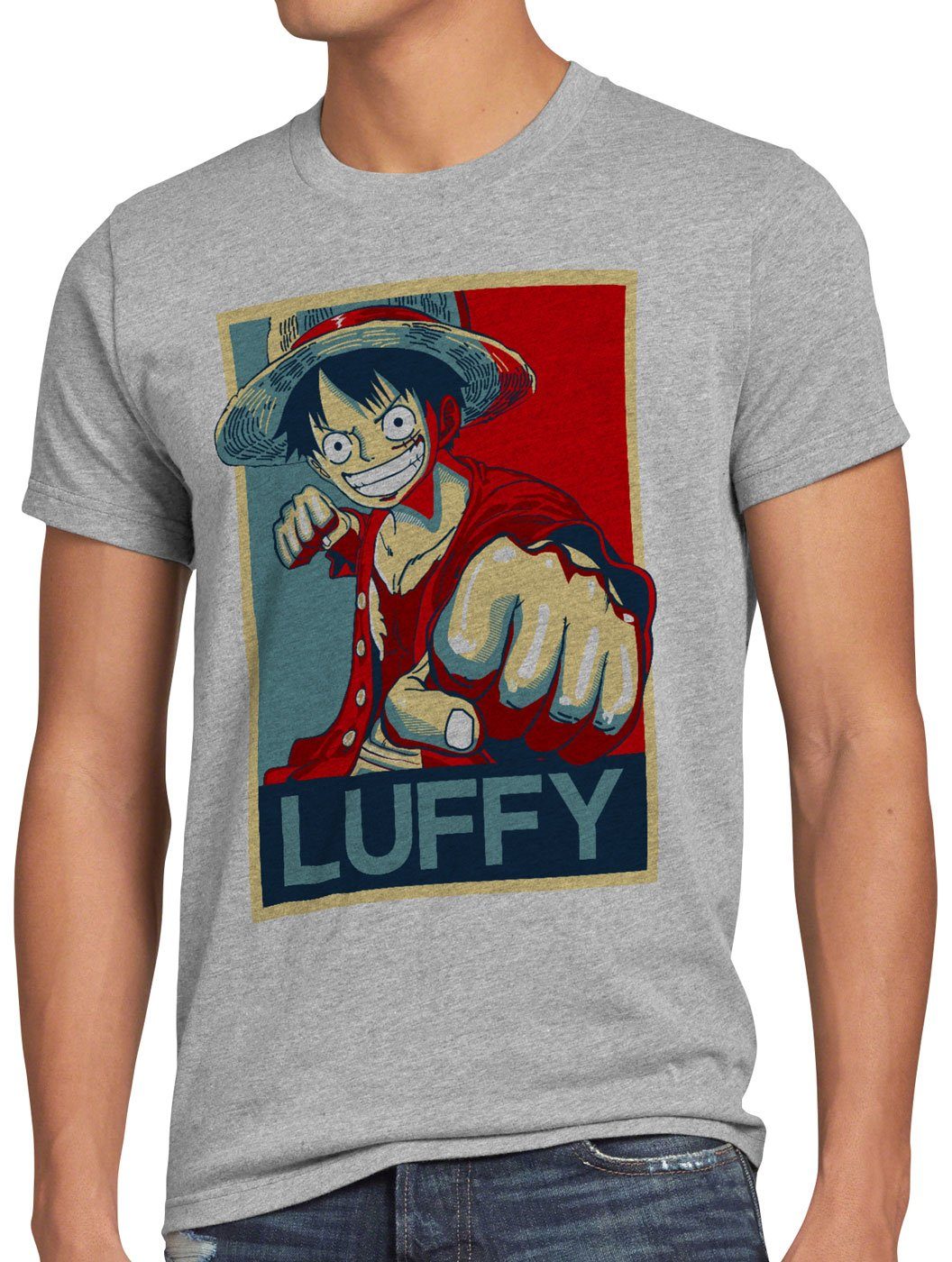 style3 Print-Shirt Herren T-Shirt LUFFY one strohhut anime piece japanisch grau meliert