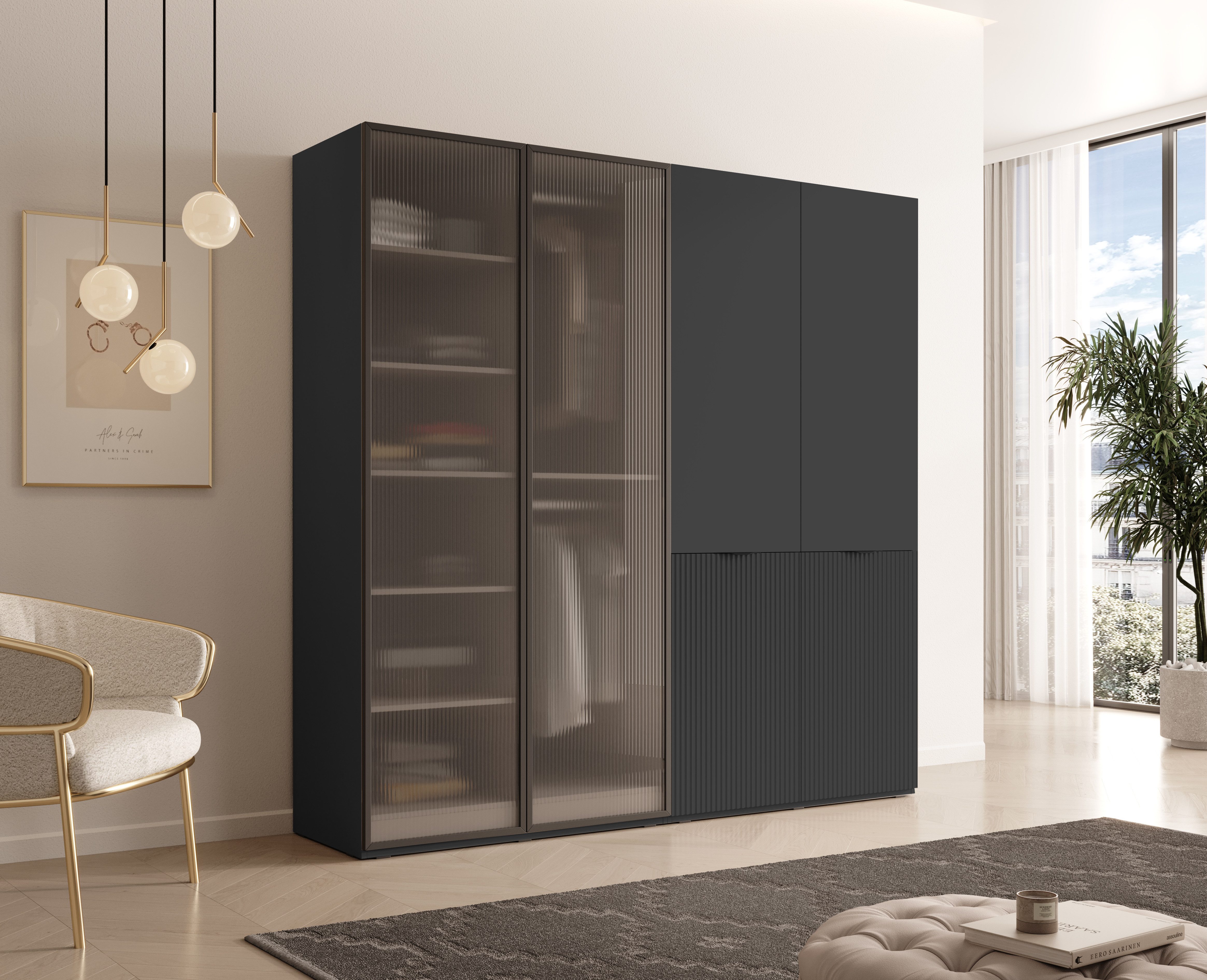 MOEBLO Drehtürenschrank MIINEWRA FLUTES 200 (Elegantes 2-tlg geriffeltem Gl günstig online kaufen